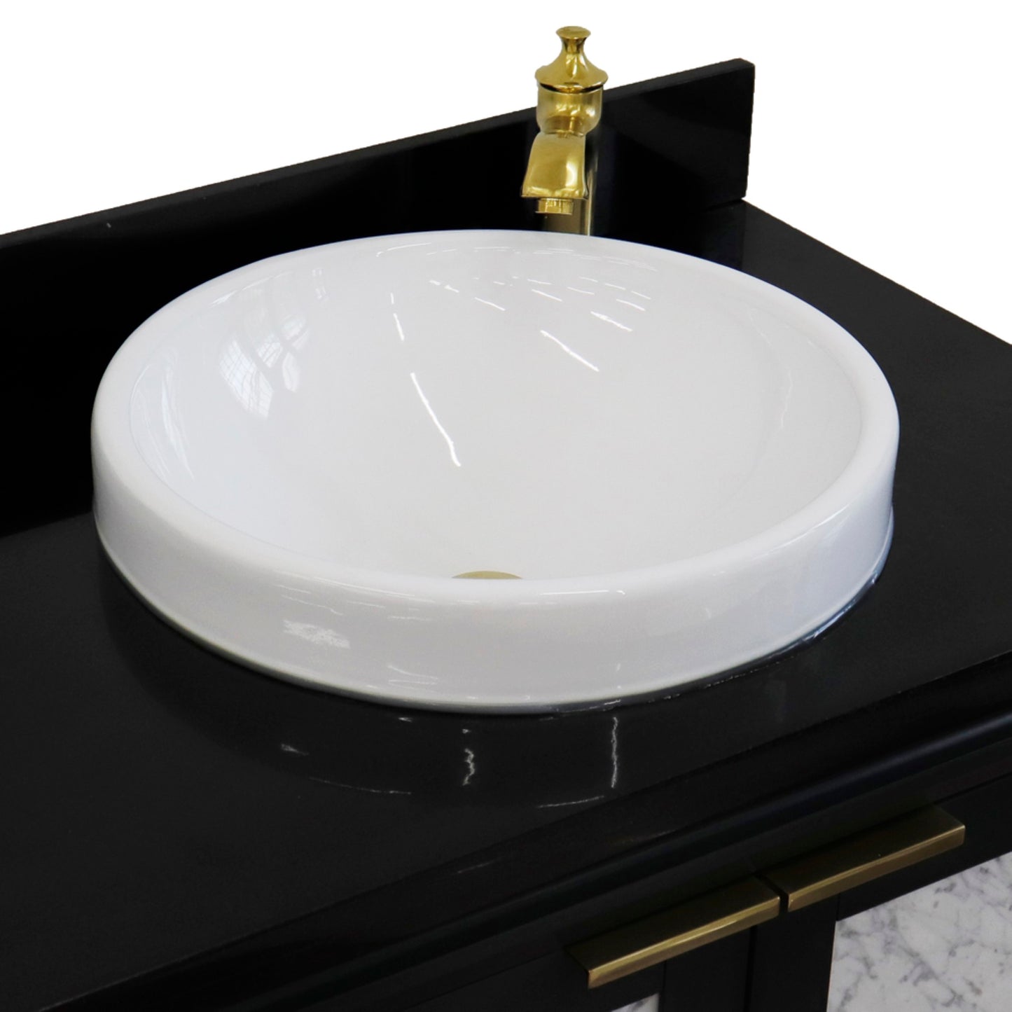 43" Single vanity in Dark Gray finish with Black galaxy and round sink Right door/Right sink