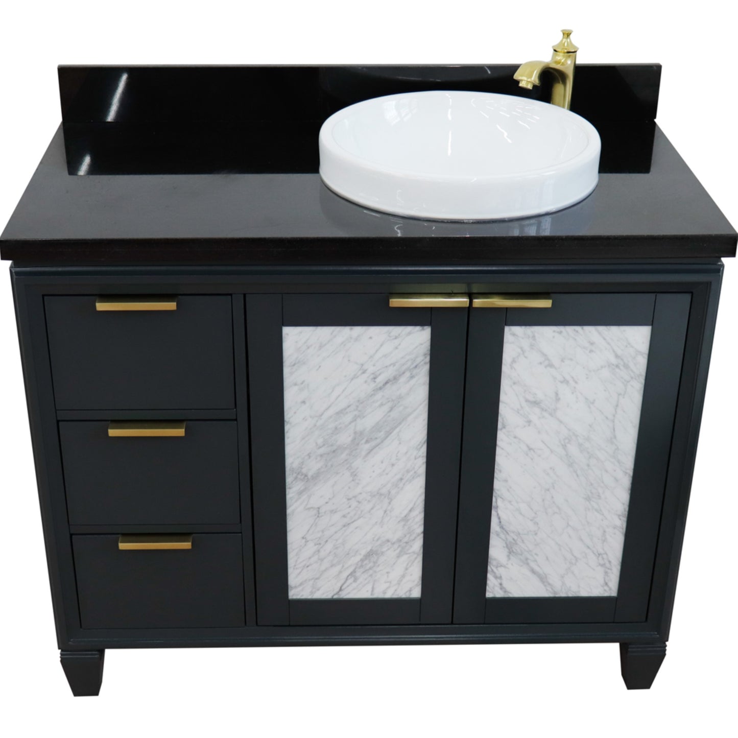 43" Single vanity in Dark Gray finish with Black galaxy and round sink Right door/Right sink