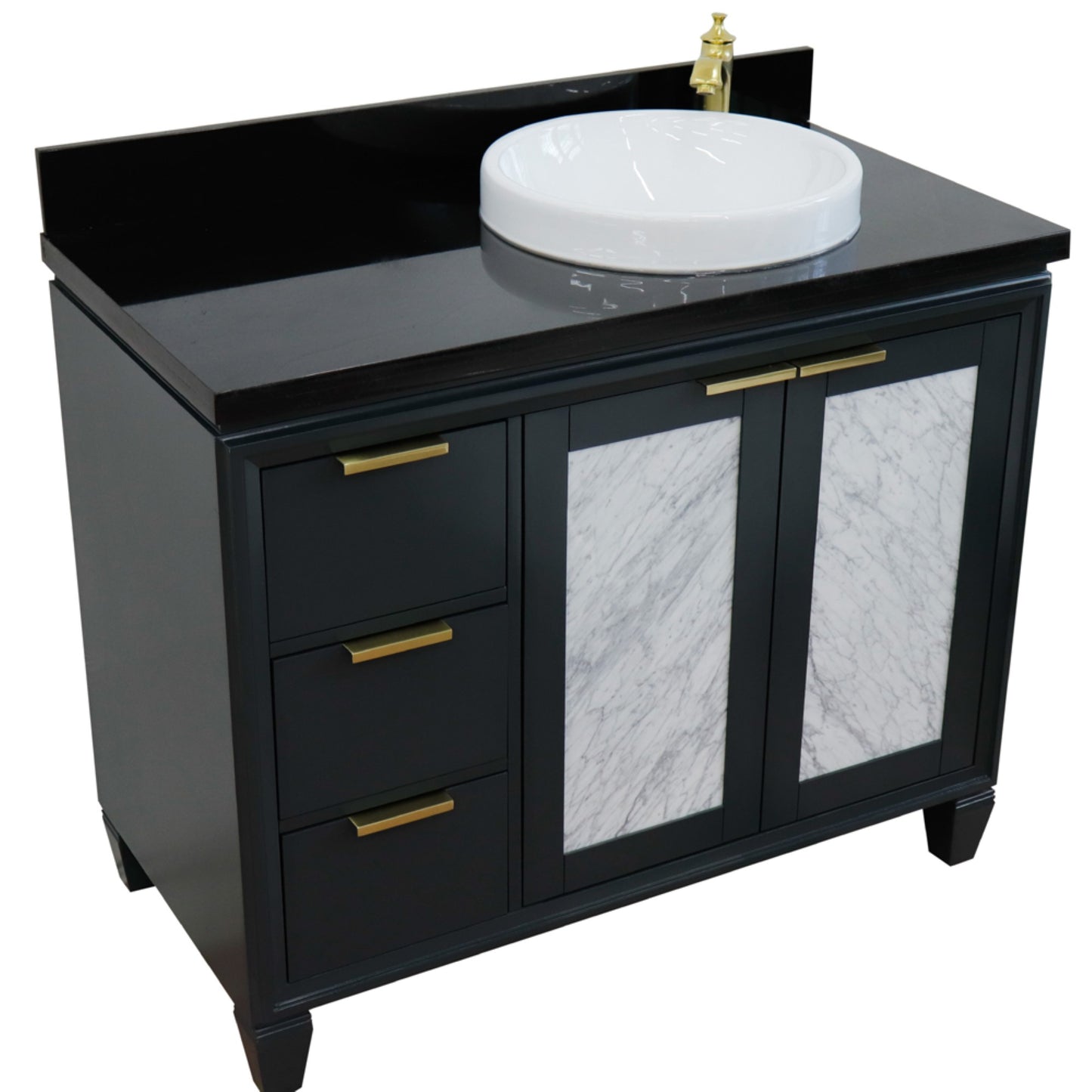 43" Single vanity in Dark Gray finish with Black galaxy and round sink Right door/Right sink