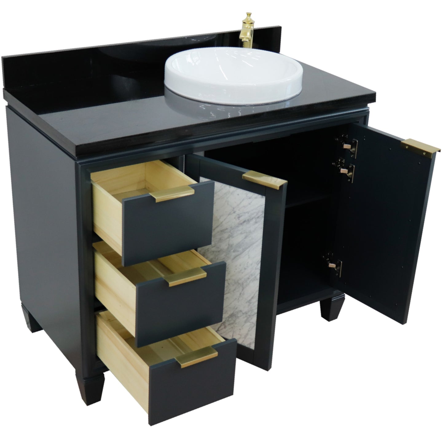 43" Single vanity in Dark Gray finish with Black galaxy and round sink Right door/Right sink