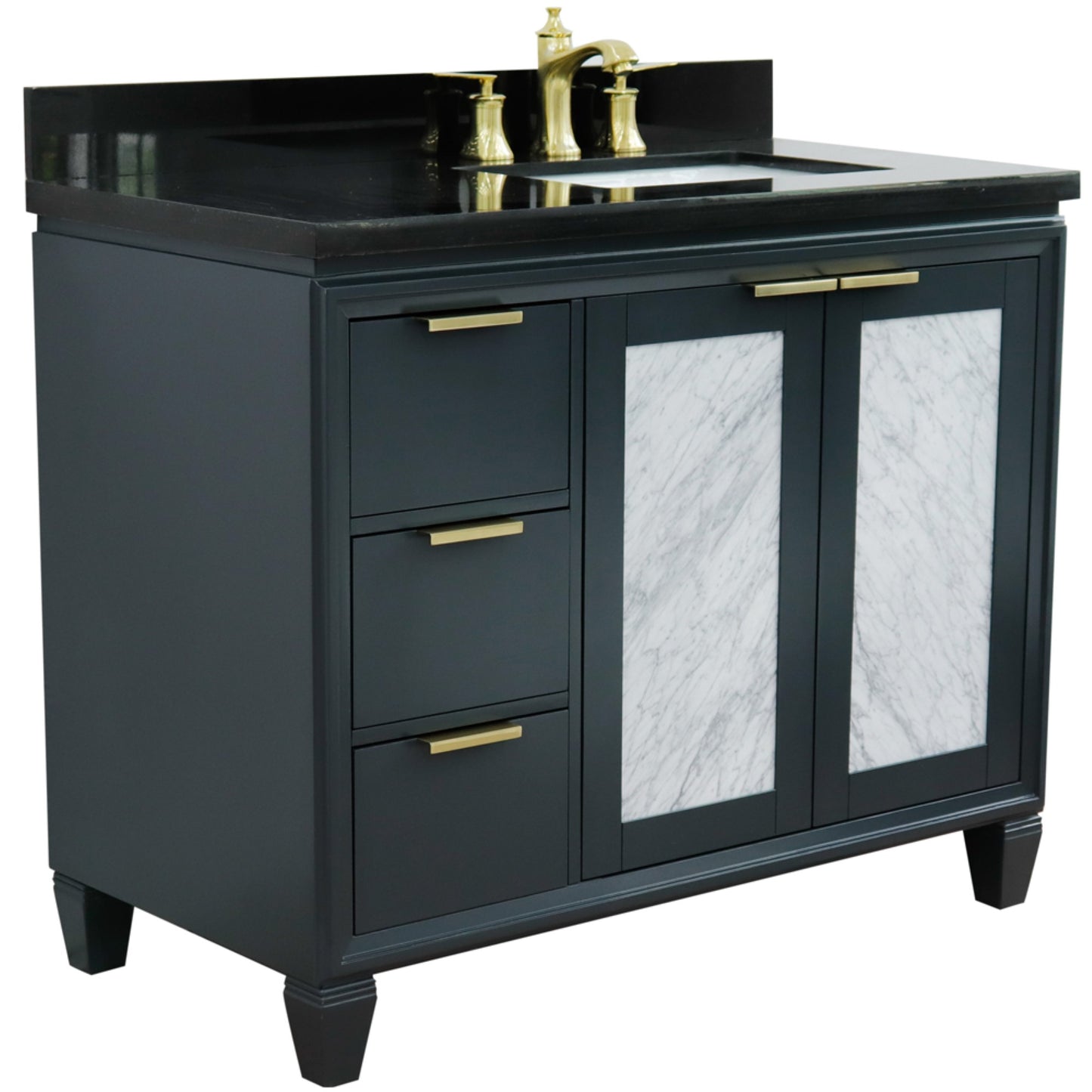 43" Single vanity in Dark Gray finish with Black galaxy and rectangle sink Right door/Right sink