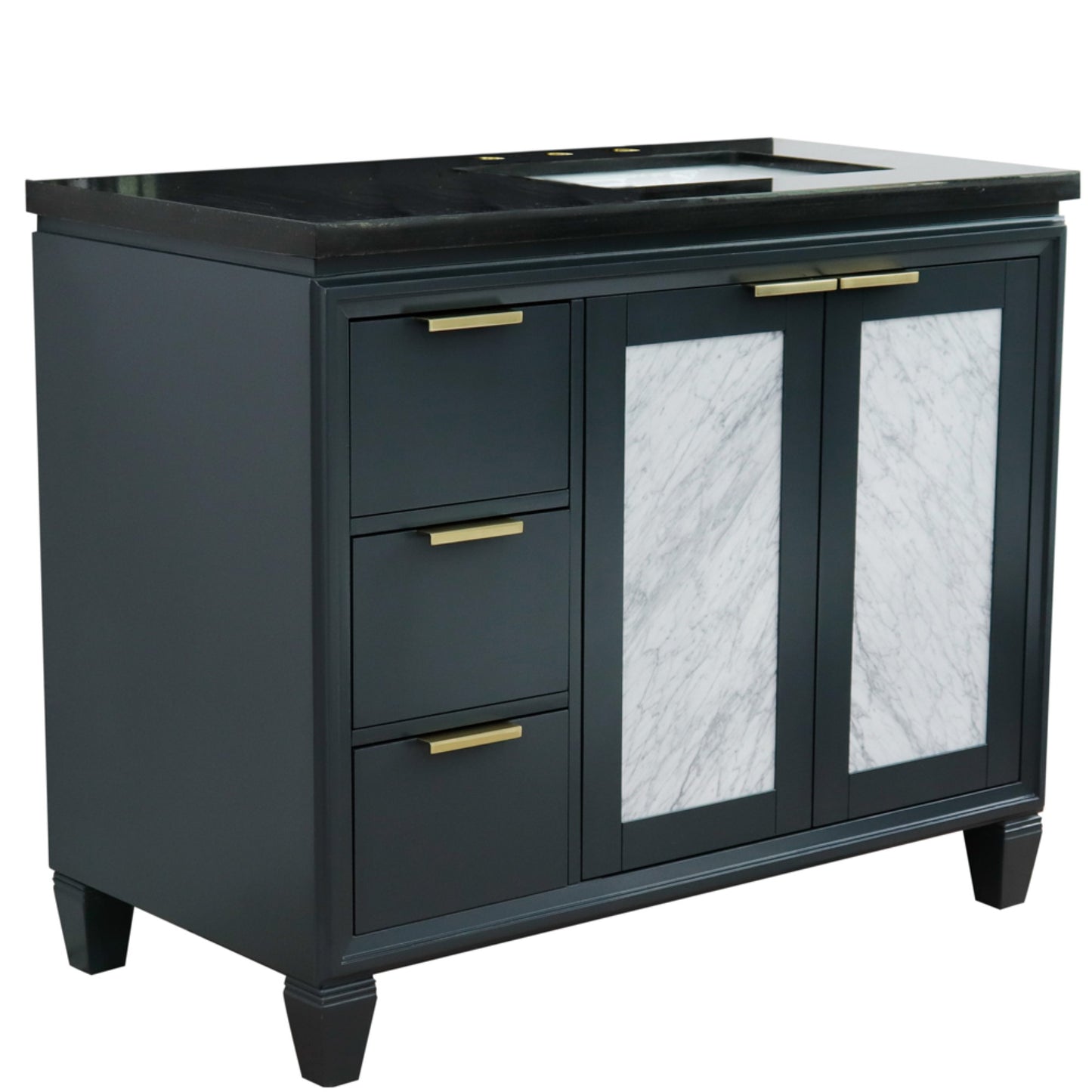 43" Single vanity in Dark Gray finish with Black galaxy and rectangle sink Right door/Right sink