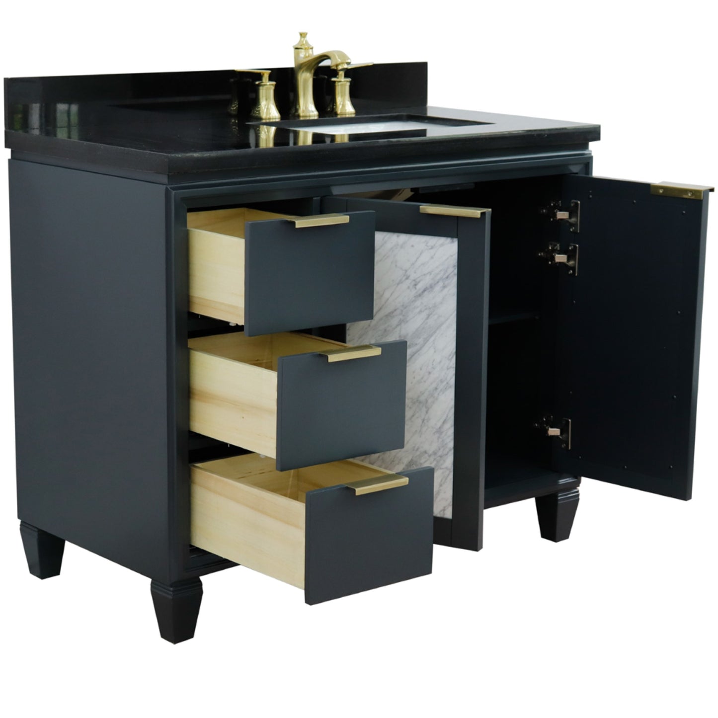 43" Single vanity in Dark Gray finish with Black galaxy and rectangle sink Right door/Right sink