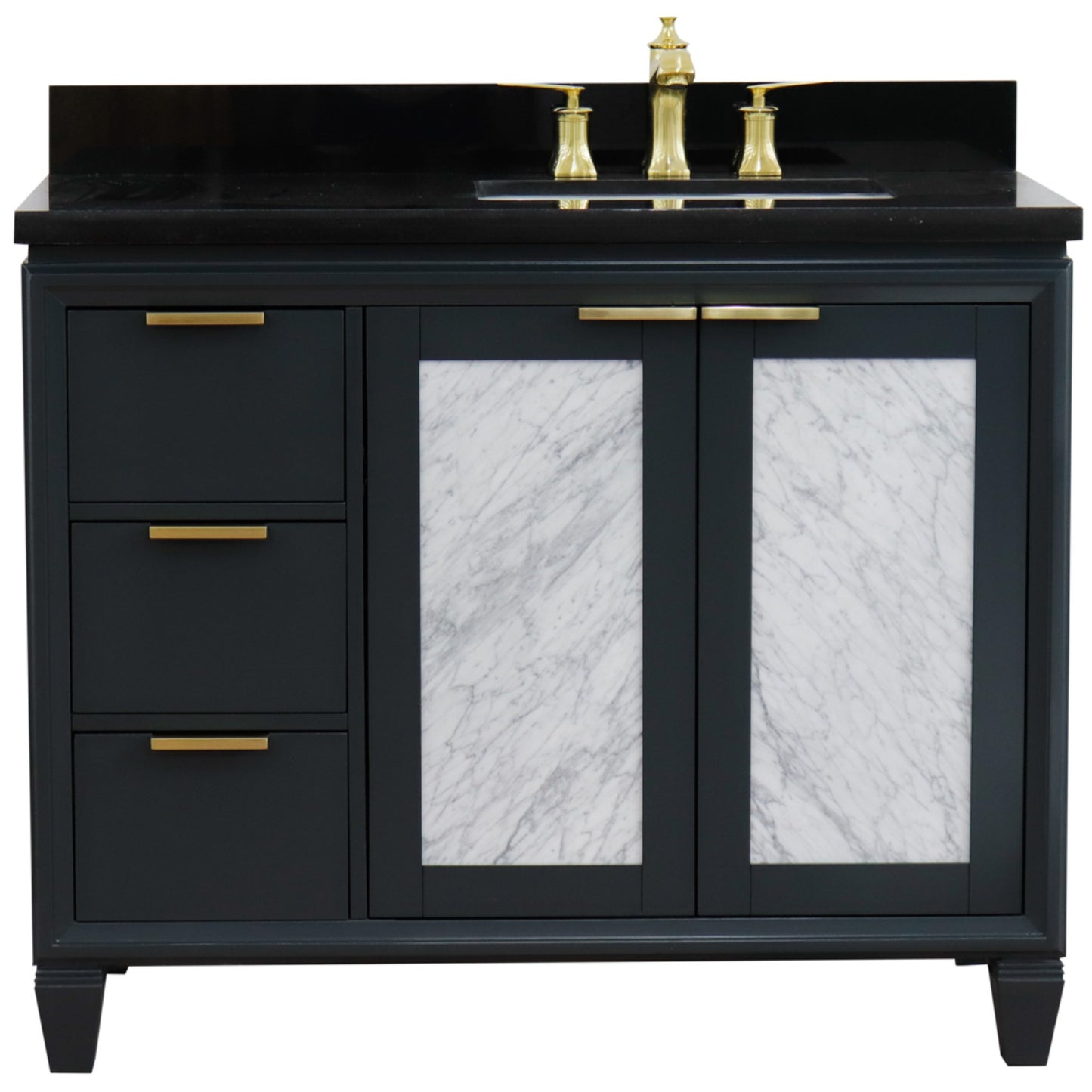 43" Single vanity in Dark Gray finish with Black galaxy and rectangle sink Right door/Right sink