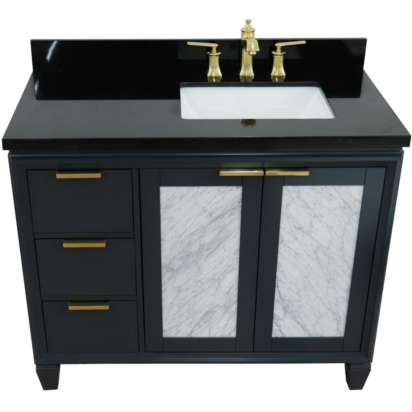 43" Single vanity in Dark Gray finish with Black galaxy and rectangle sink Right door/Right sink
