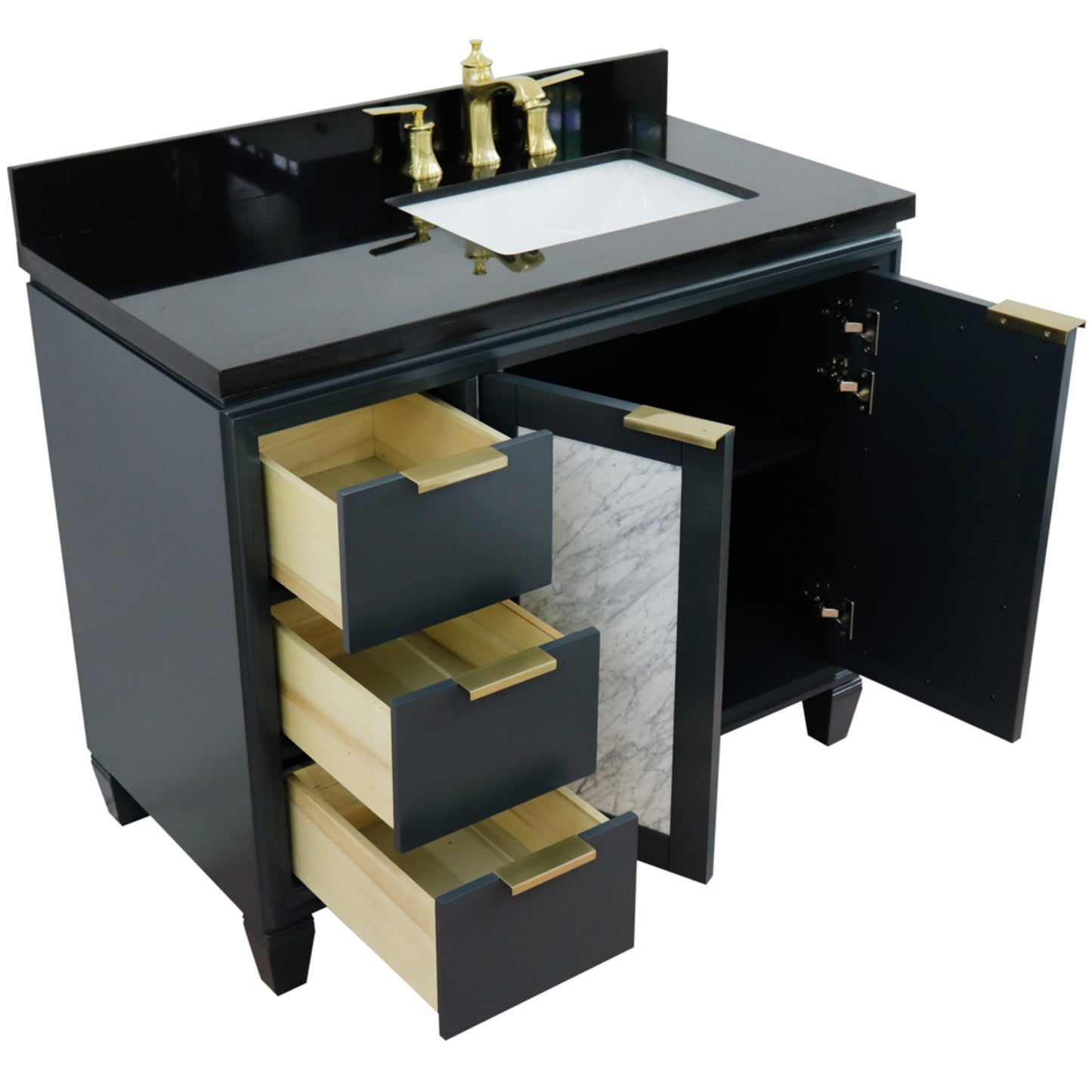 43" Single vanity in Dark Gray finish with Black galaxy and rectangle sink Right door/Right sink