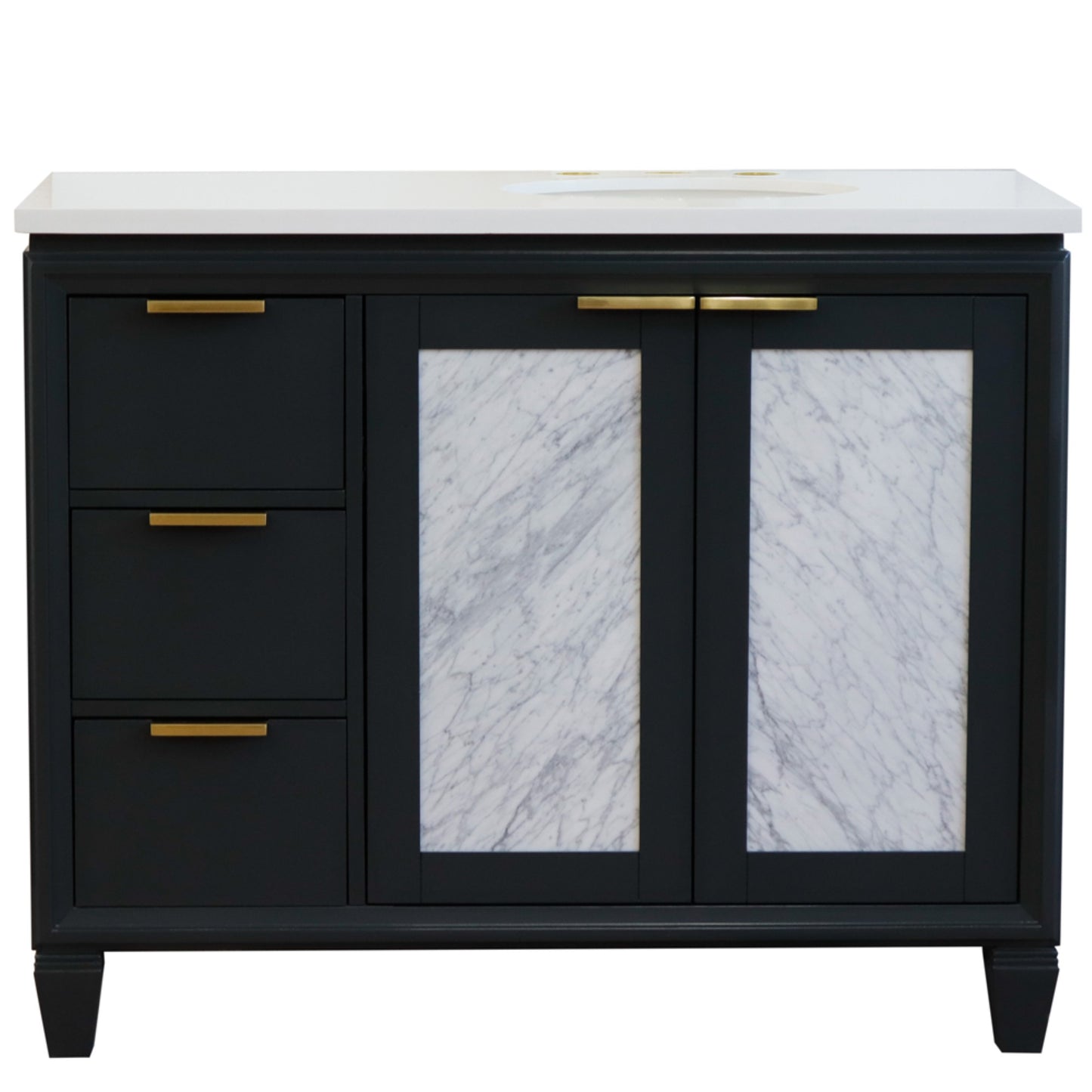 43" Single vanity in Dark Gray finish with White engineered stone and oval sink Right door/Right sink