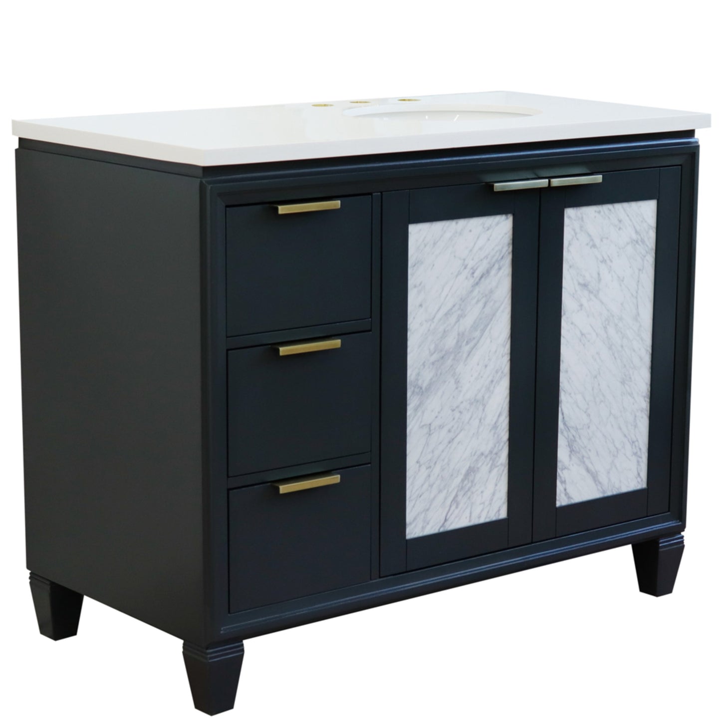43" Single vanity in Dark Gray finish with White engineered stone and oval sink Right door/Right sink
