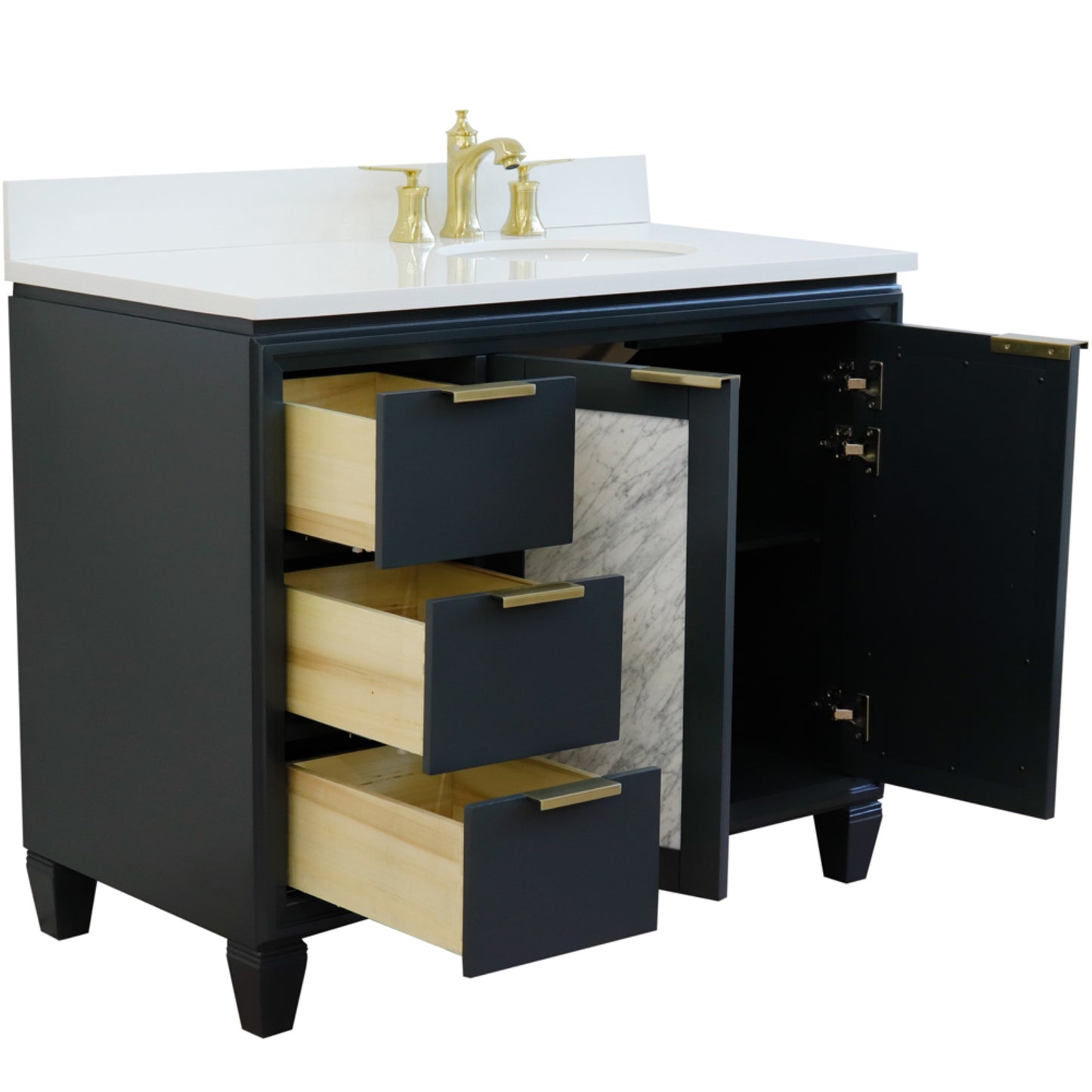 43" Single vanity in Dark Gray finish with White engineered stone and oval sink Right door/Right sink