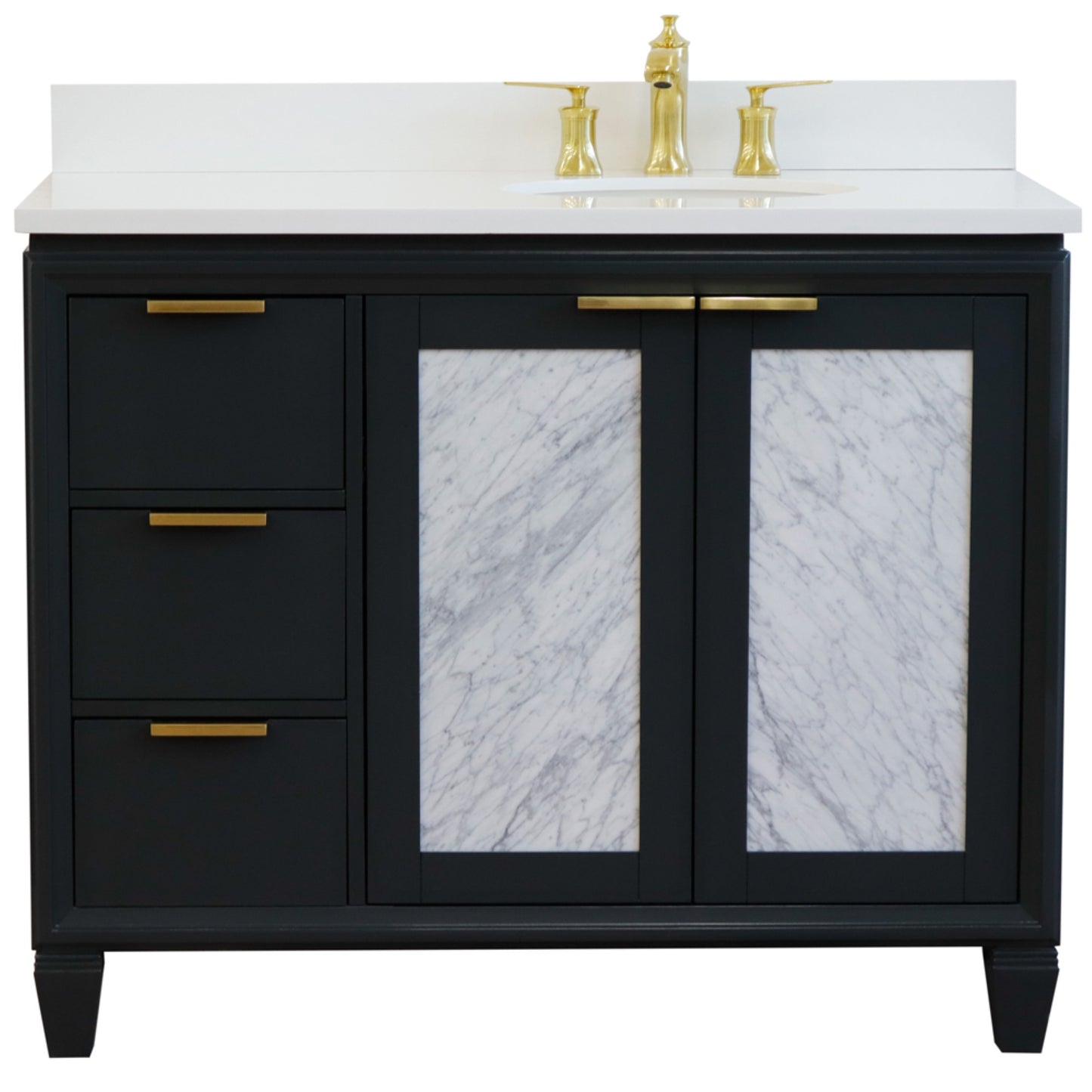 43" Single vanity in Dark Gray finish with White engineered stone and oval sink Right door/Right sink