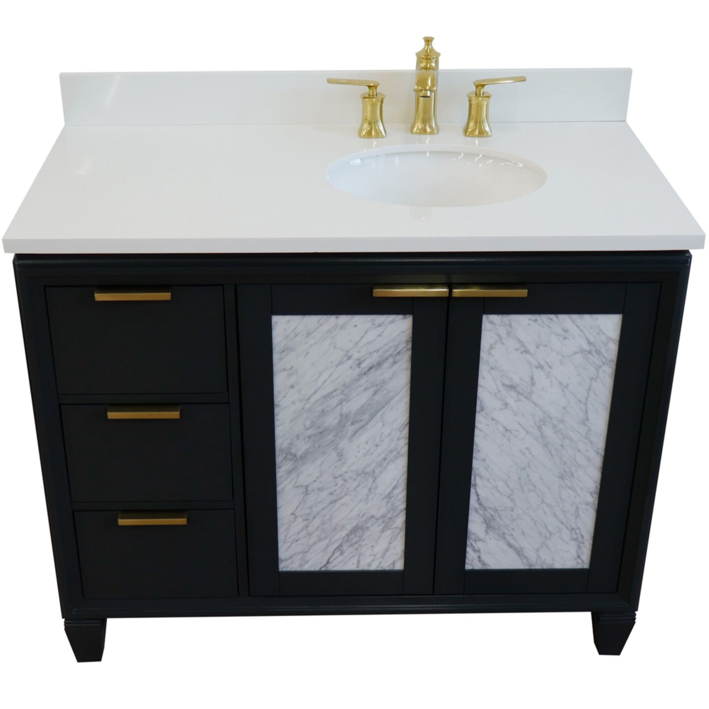 43" Single vanity in Dark Gray finish with White engineered stone and oval sink Right door/Right sink