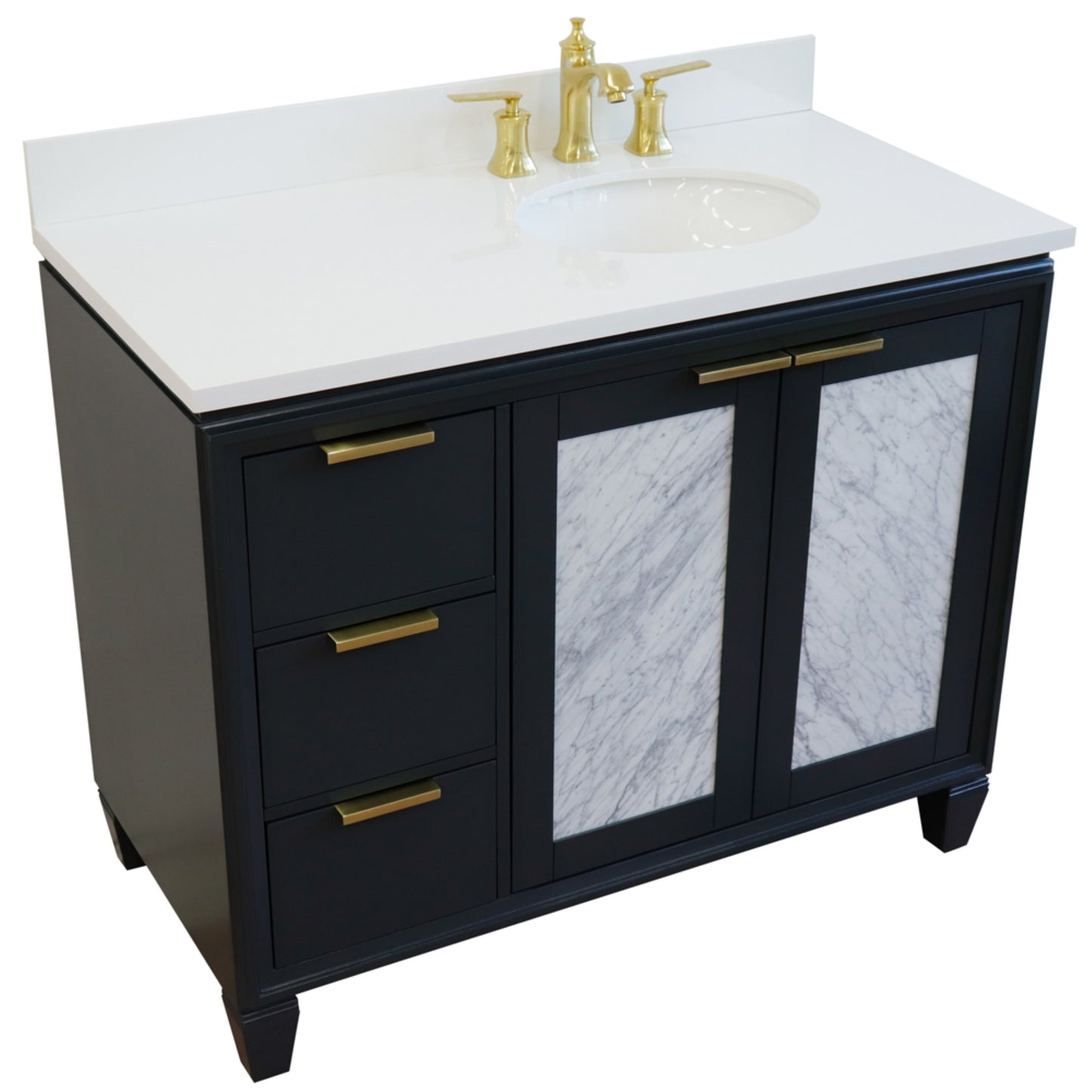 43" Single vanity in Dark Gray finish with White engineered stone and oval sink Right door/Right sink
