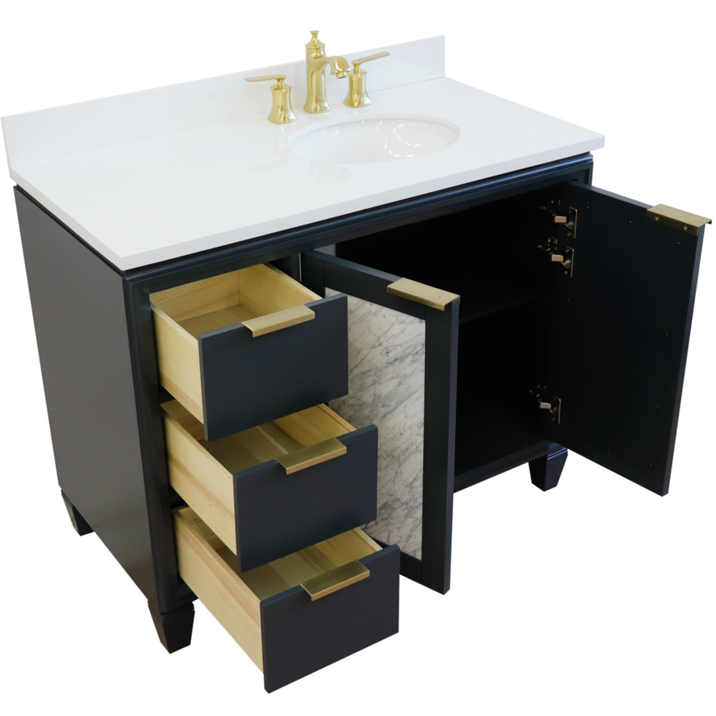 43" Single vanity in Dark Gray finish with White engineered stone and oval sink Right door/Right sink