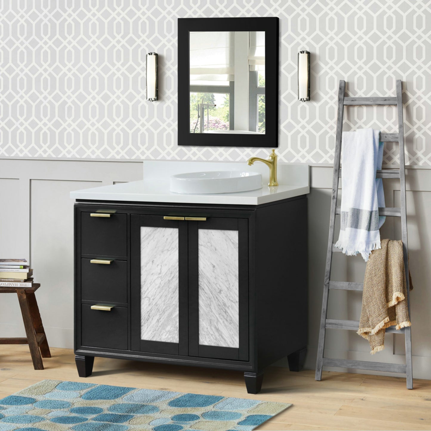 43" Single vanity in Dark Gray finish with White engineered stone and round sink Right door/Right sink