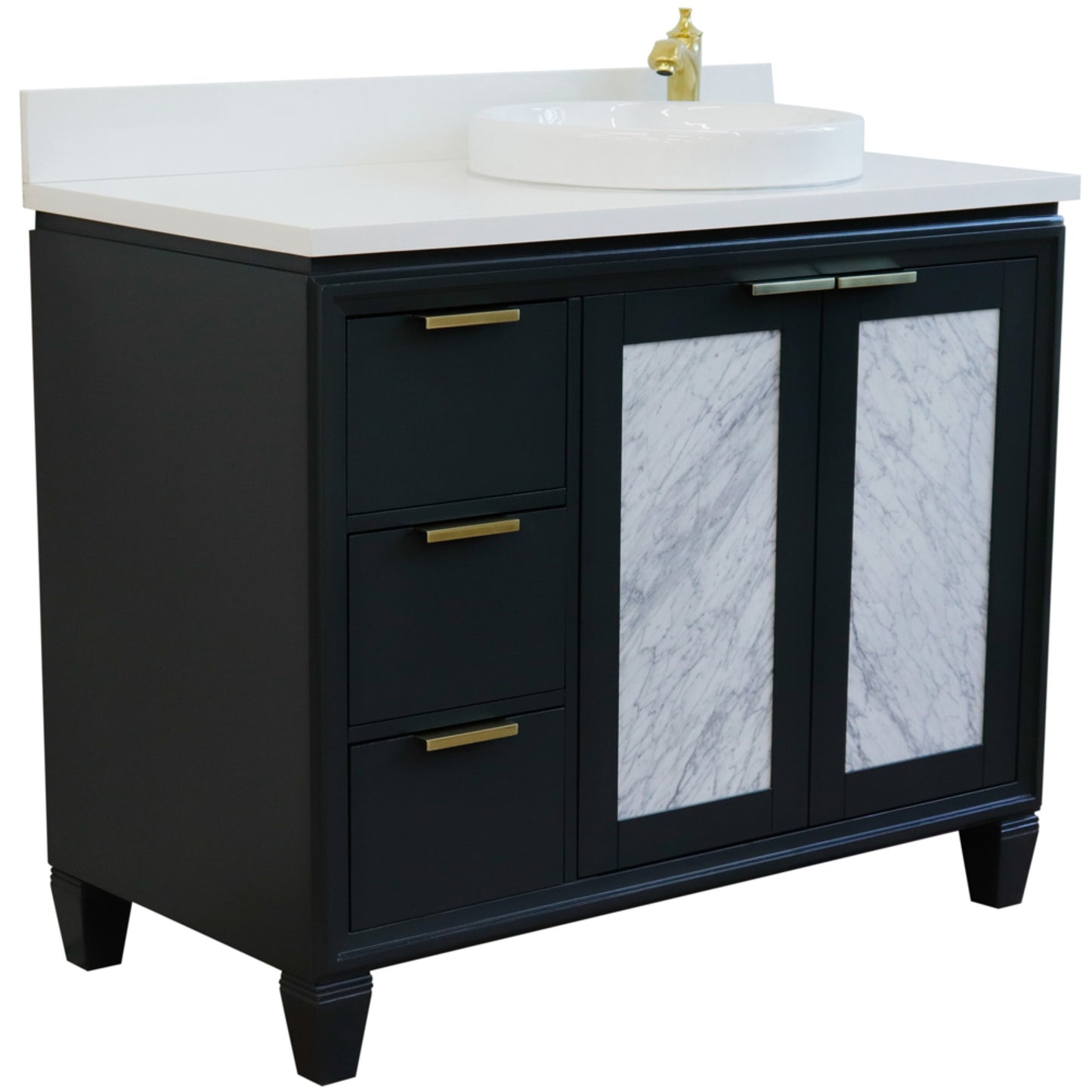43" Single vanity in Dark Gray finish with White engineered stone and round sink Right door/Right sink
