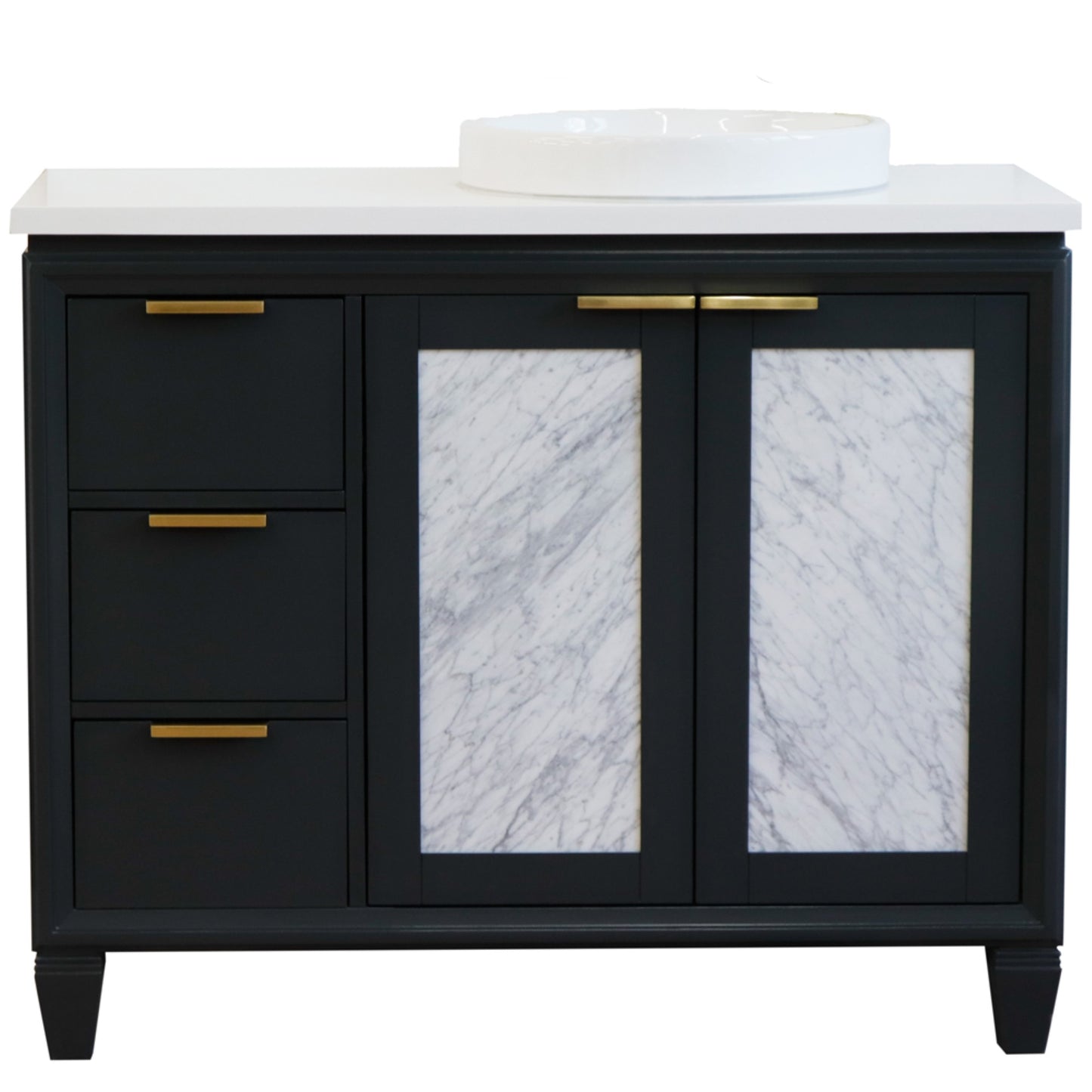 43" Single vanity in Dark Gray finish with White engineered stone and round sink Right door/Right sink