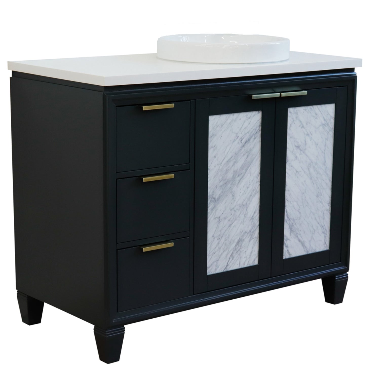 43" Single vanity in Dark Gray finish with White engineered stone and round sink Right door/Right sink