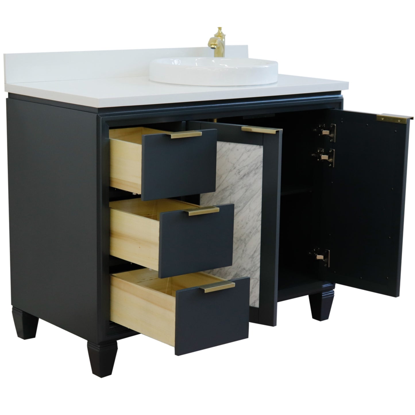 43" Single vanity in Dark Gray finish with White engineered stone and round sink Right door/Right sink