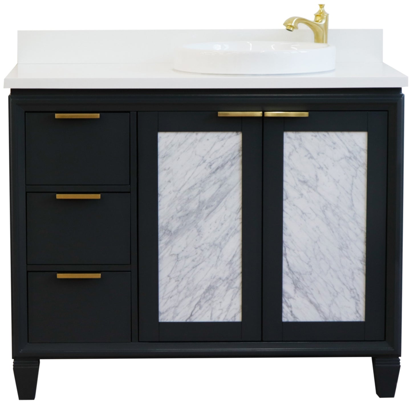 43" Single vanity in Dark Gray finish with White engineered stone and round sink Right door/Right sink
