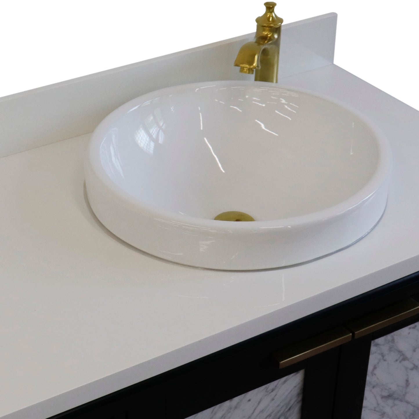 43" Single vanity in Dark Gray finish with White engineered stone and round sink Right door/Right sink