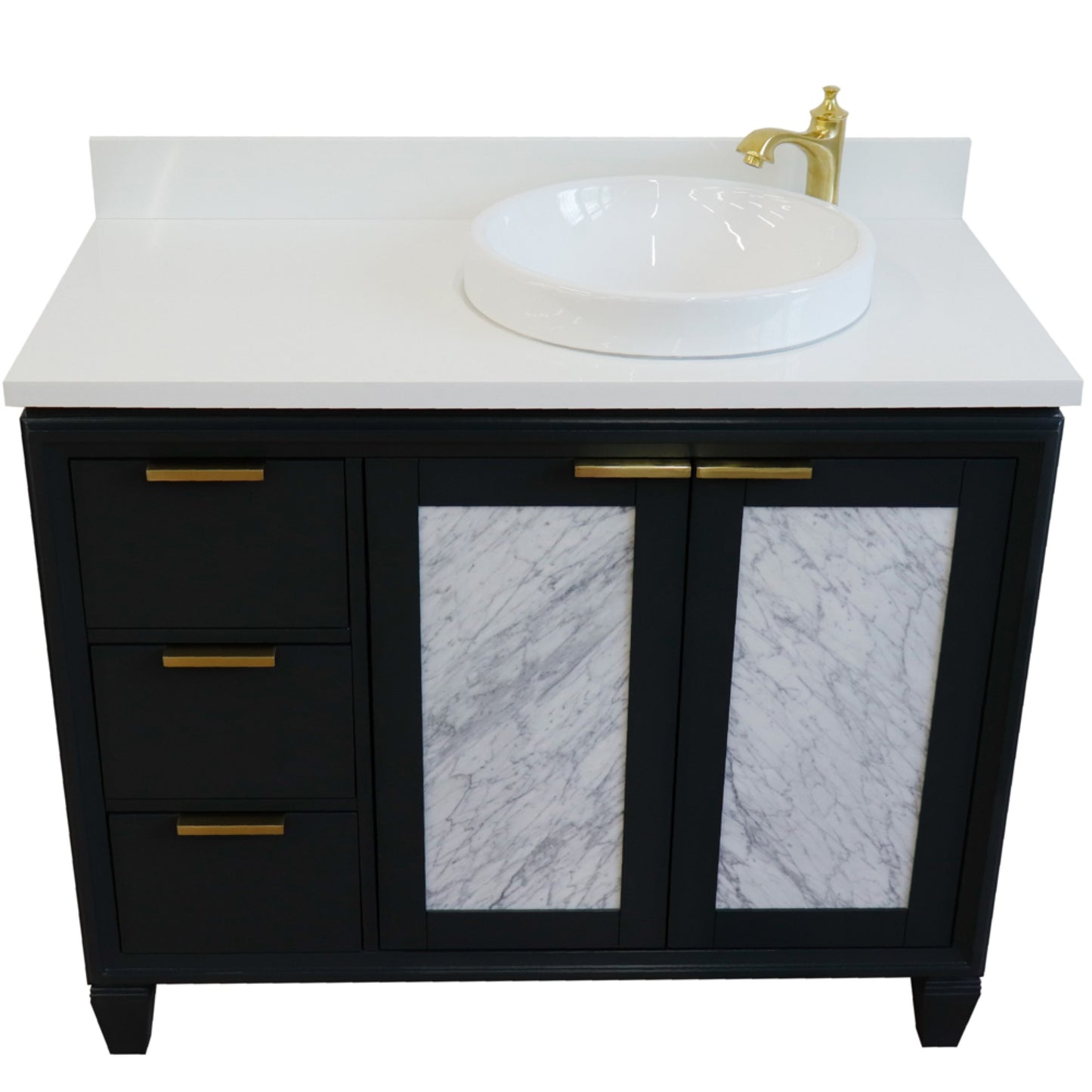 43" Single vanity in Dark Gray finish with White engineered stone and round sink Right door/Right sink