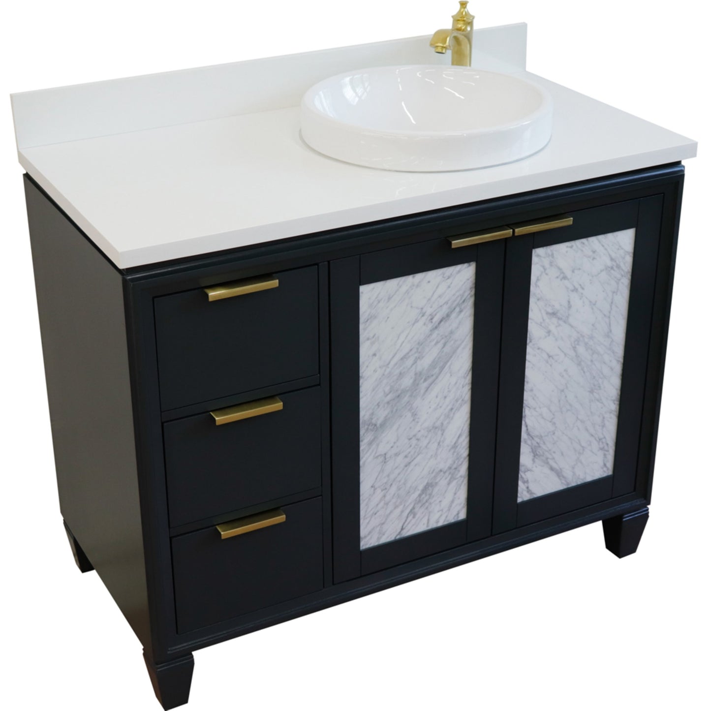 43" Single vanity in Dark Gray finish with White engineered stone and round sink Right door/Right sink