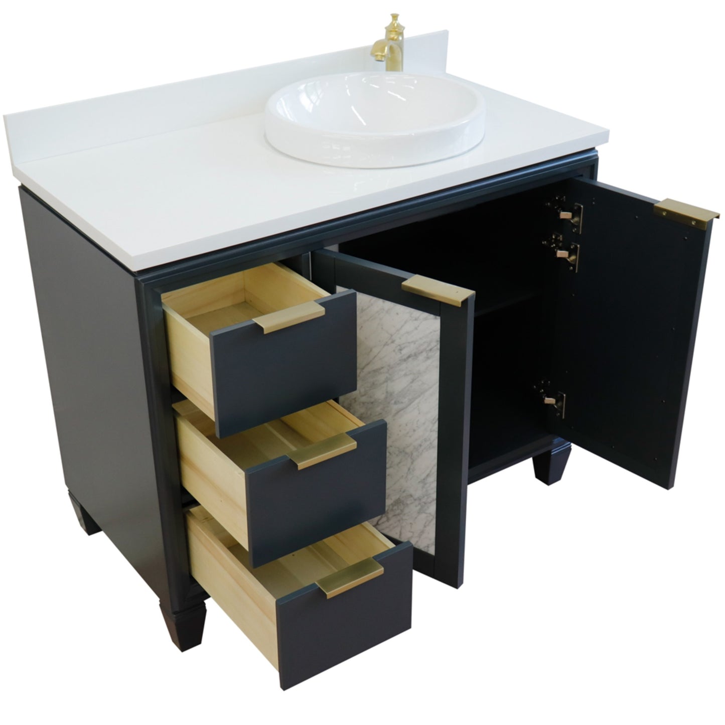 43" Single vanity in Dark Gray finish with White engineered stone and round sink Right door/Right sink