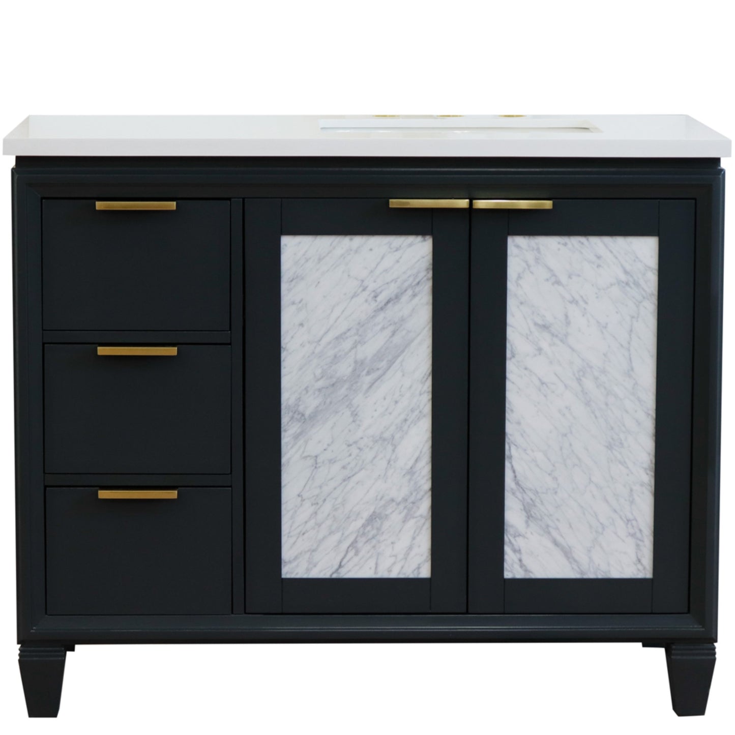 43" Single vanity in Dark Gray finish with White engineered stone and rectangle sink Right door/Right sink