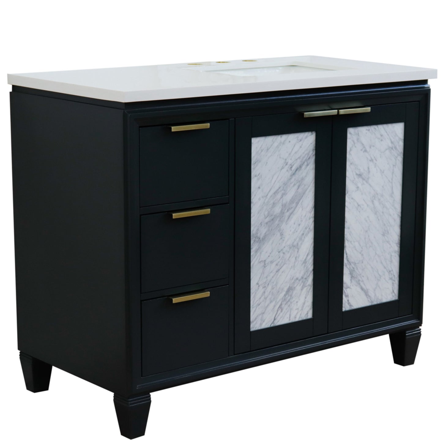 43" Single vanity in Dark Gray finish with White engineered stone and rectangle sink Right door/Right sink