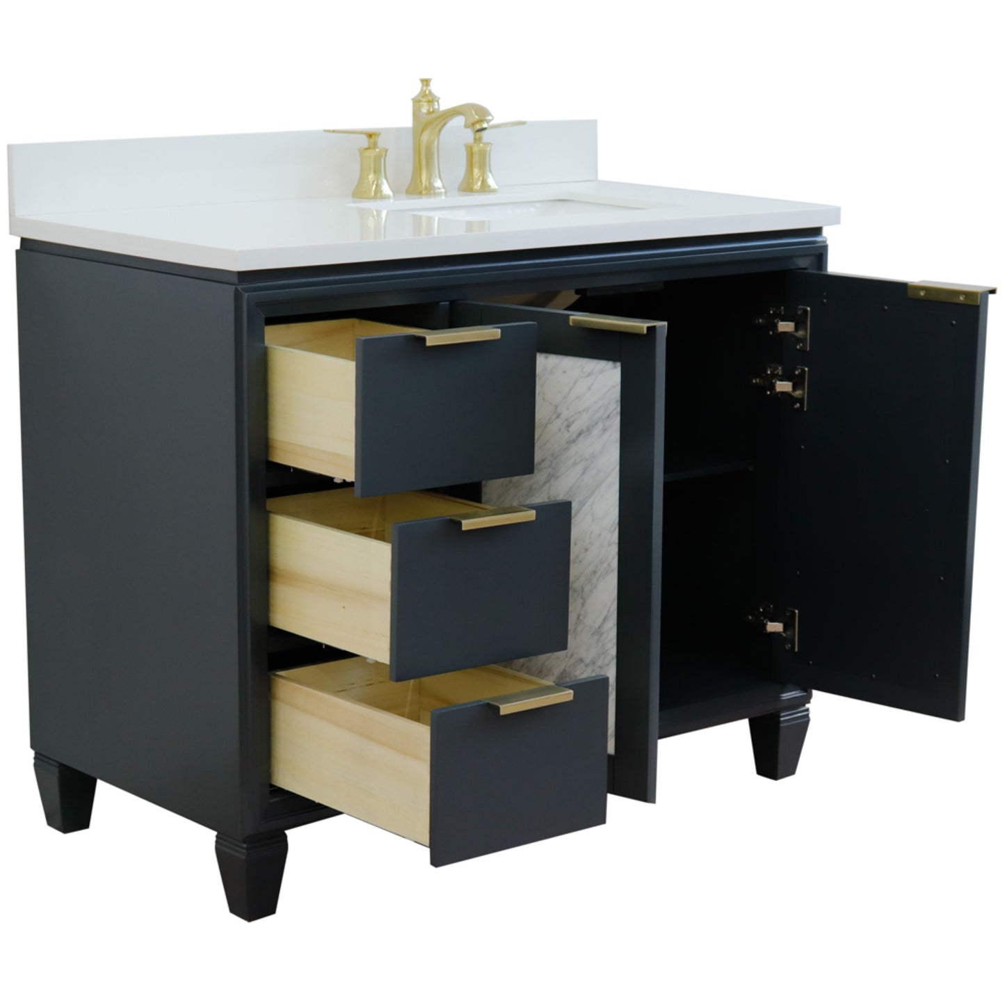 43" Single vanity in Dark Gray finish with White engineered stone and rectangle sink Right door/Right sink