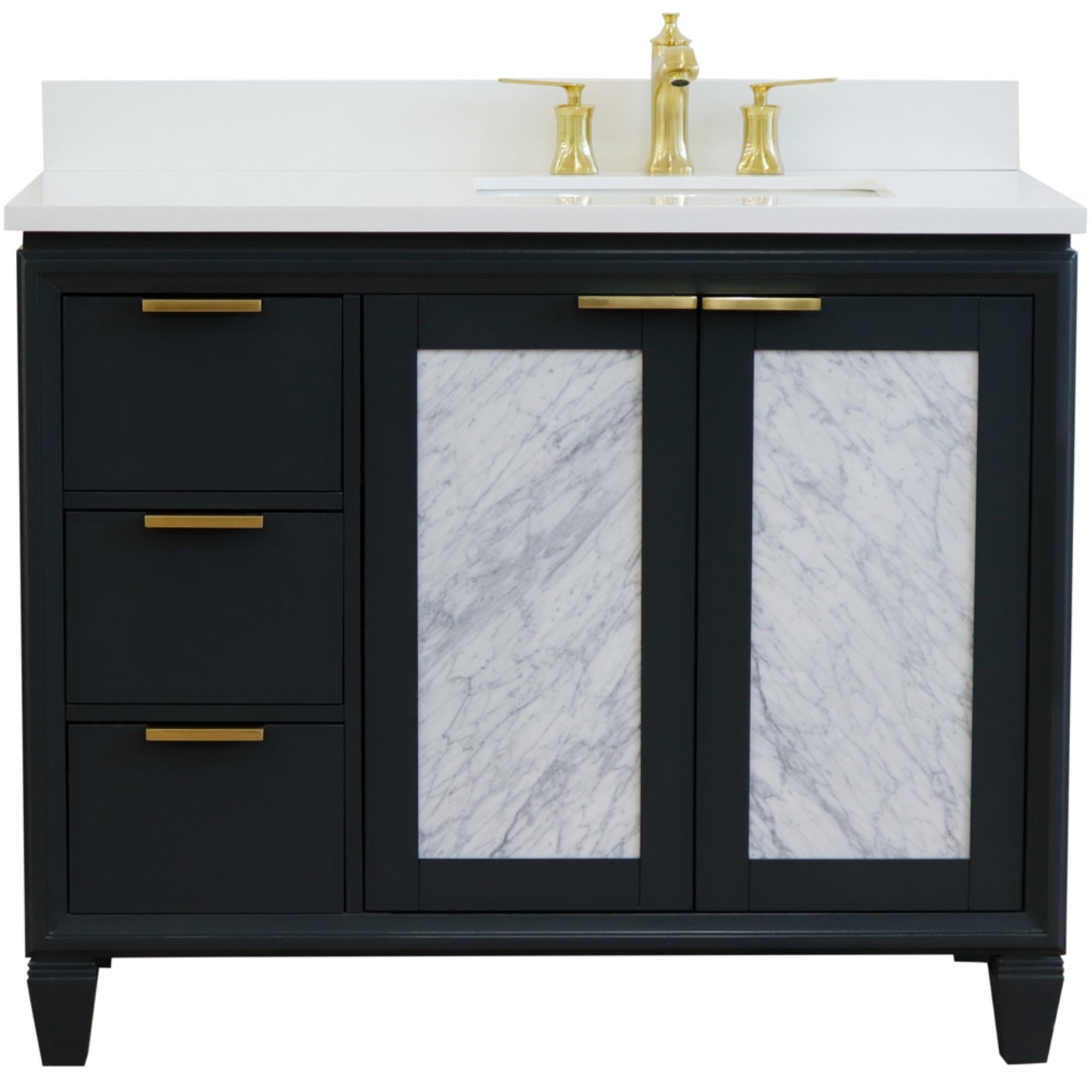 43" Single vanity in Dark Gray finish with White engineered stone and rectangle sink Right door/Right sink