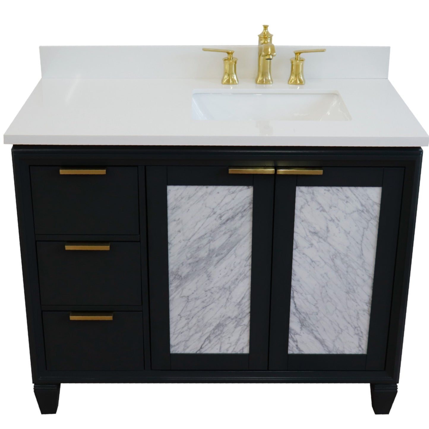 43" Single vanity in Dark Gray finish with White engineered stone and rectangle sink Right door/Right sink