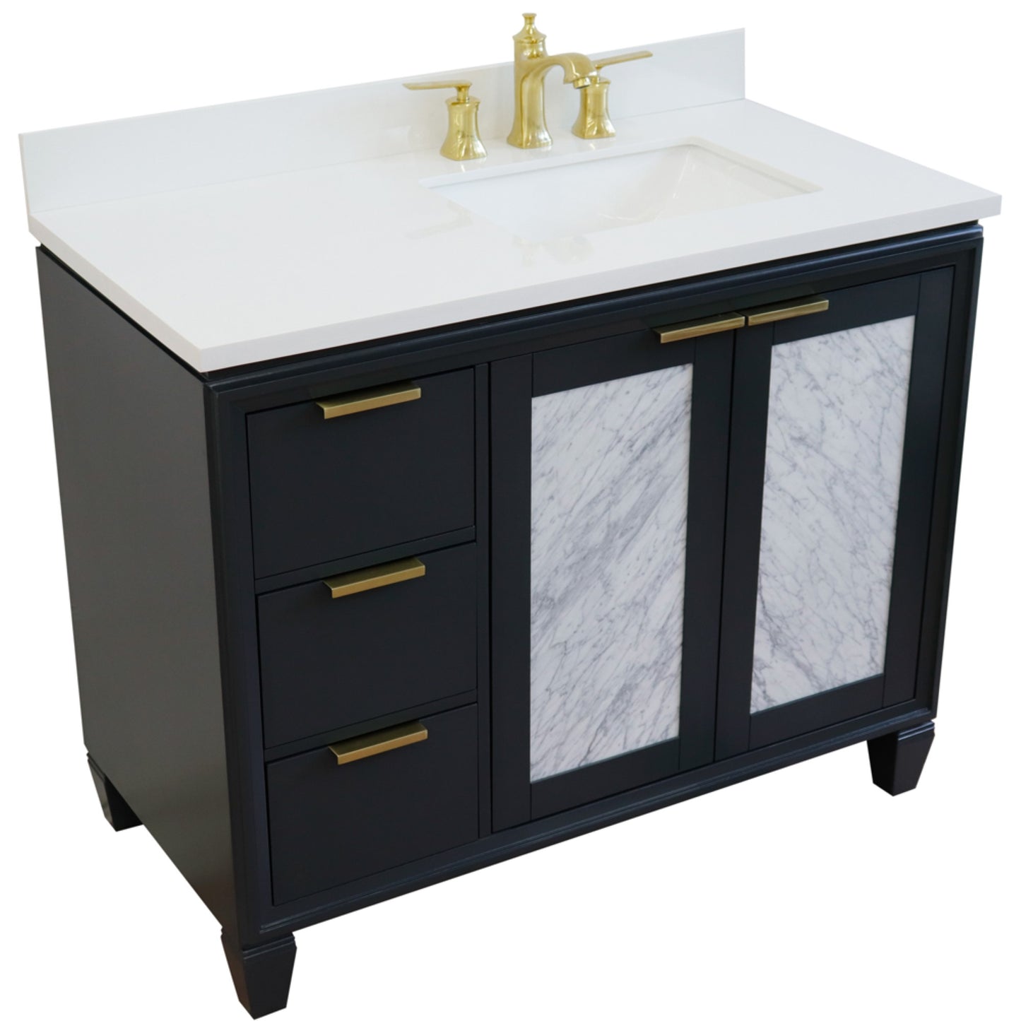43" Single vanity in Dark Gray finish with White engineered stone and rectangle sink Right door/Right sink