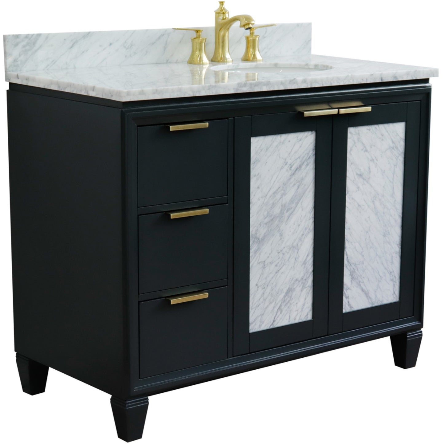 43" Single vanity in Dark Gray finish with White Carrara and oval sink Right door/Right sink