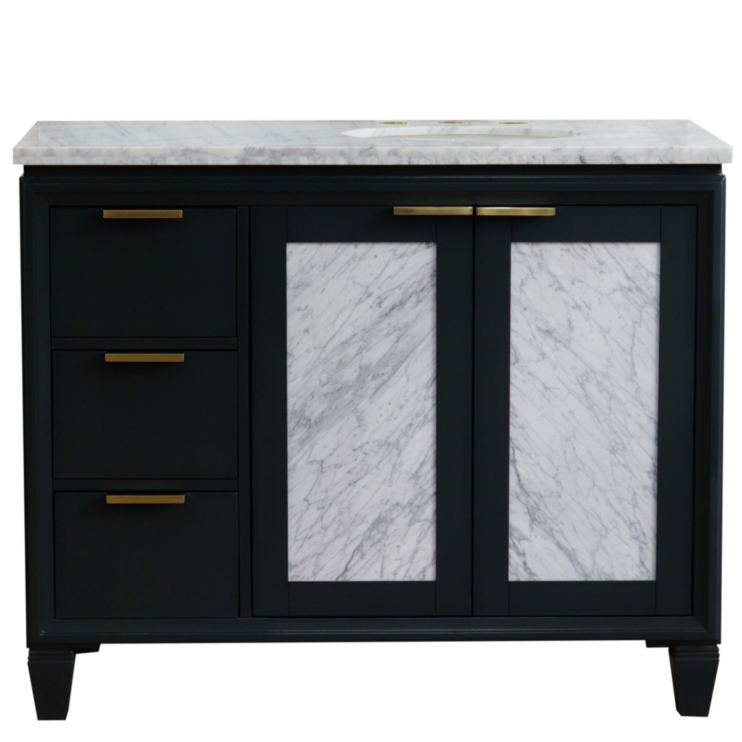 43" Single vanity in Dark Gray finish with White Carrara and oval sink Right door/Right sink