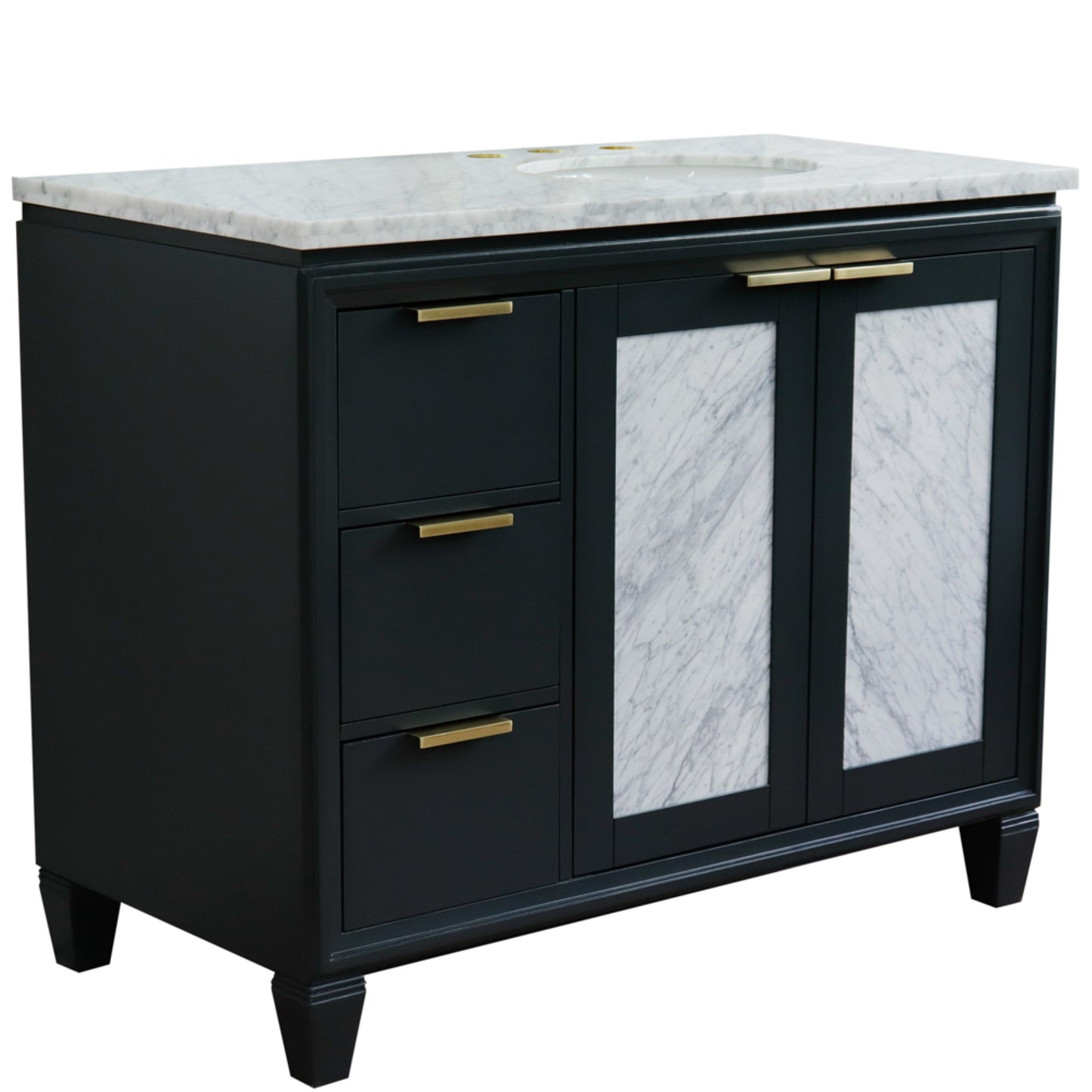 43" Single vanity in Dark Gray finish with White Carrara and oval sink Right door/Right sink