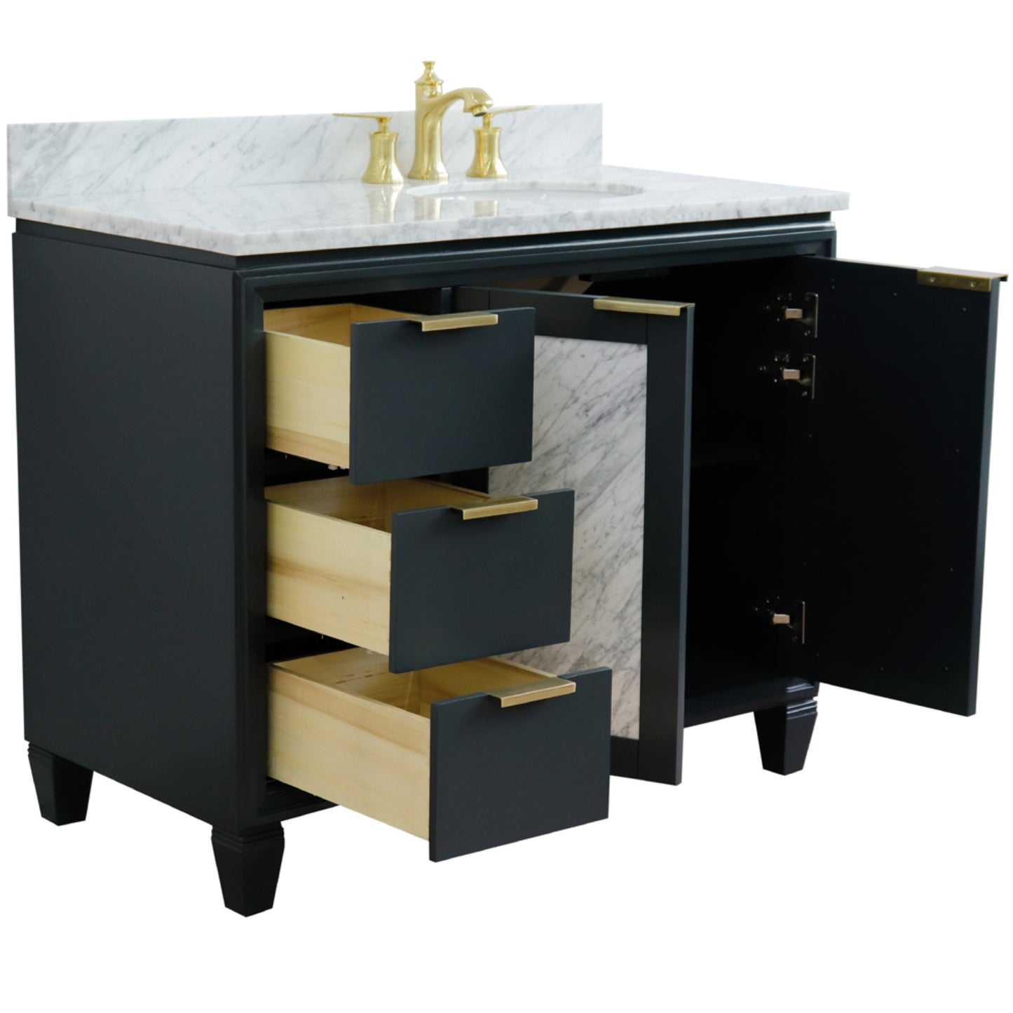 43" Single vanity in Dark Gray finish with White Carrara and oval sink Right door/Right sink
