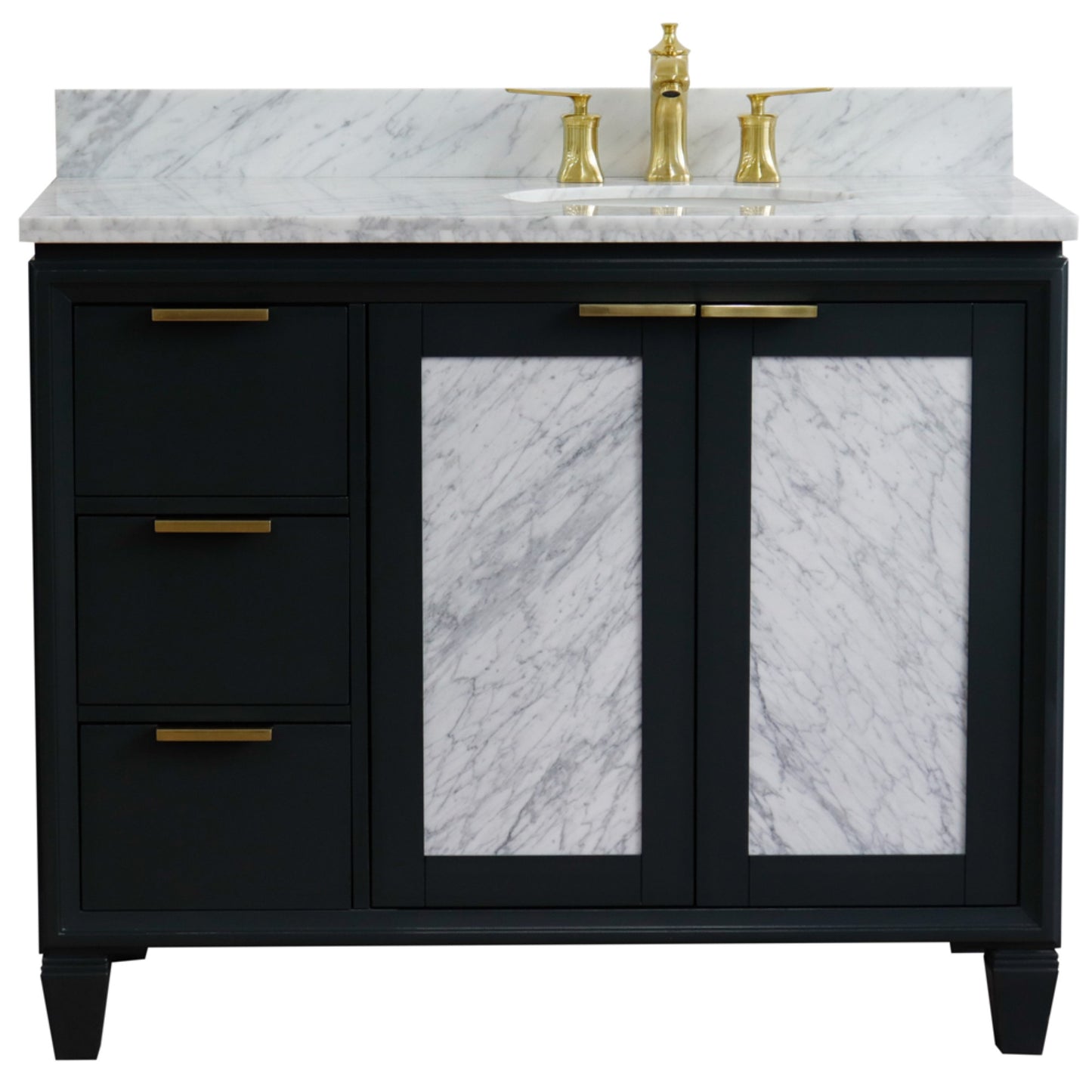 43" Single vanity in Dark Gray finish with White Carrara and oval sink Right door/Right sink