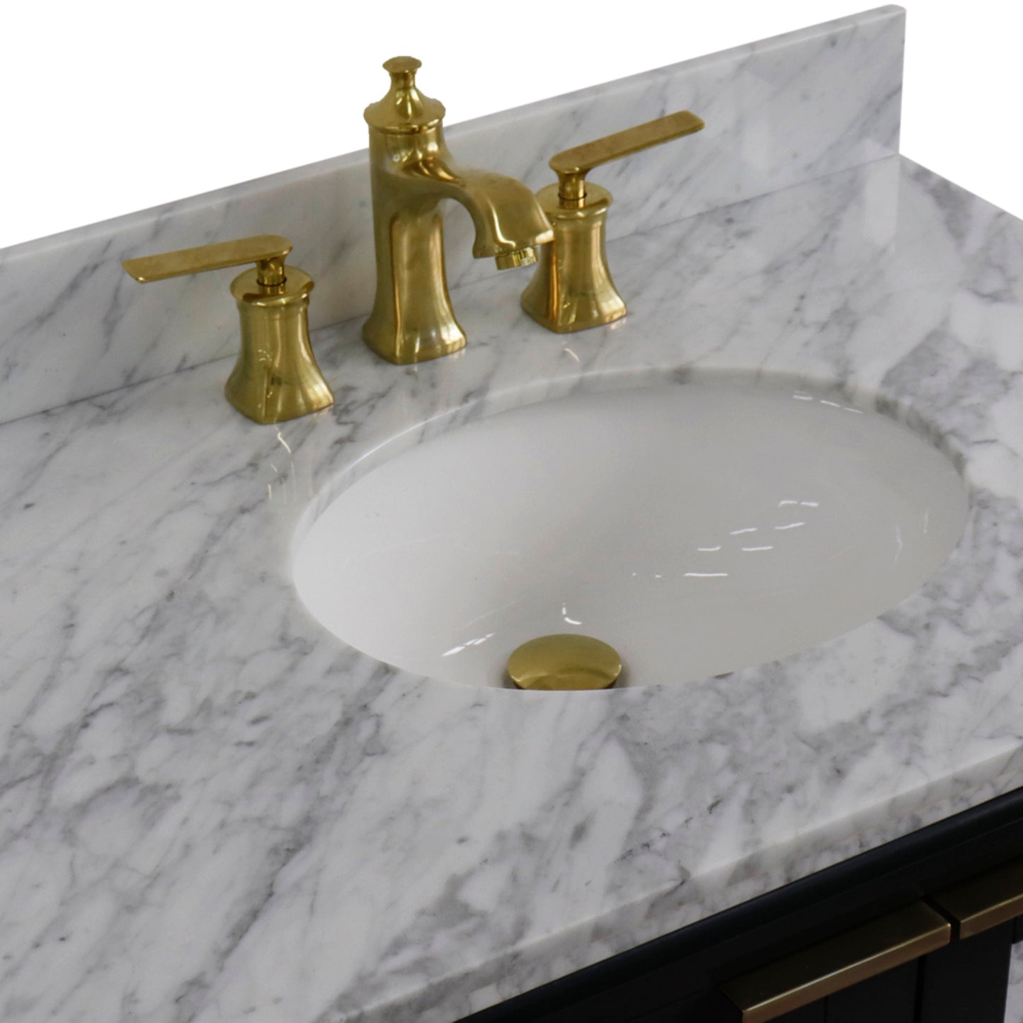 43" Single vanity in Dark Gray finish with White Carrara and oval sink Right door/Right sink