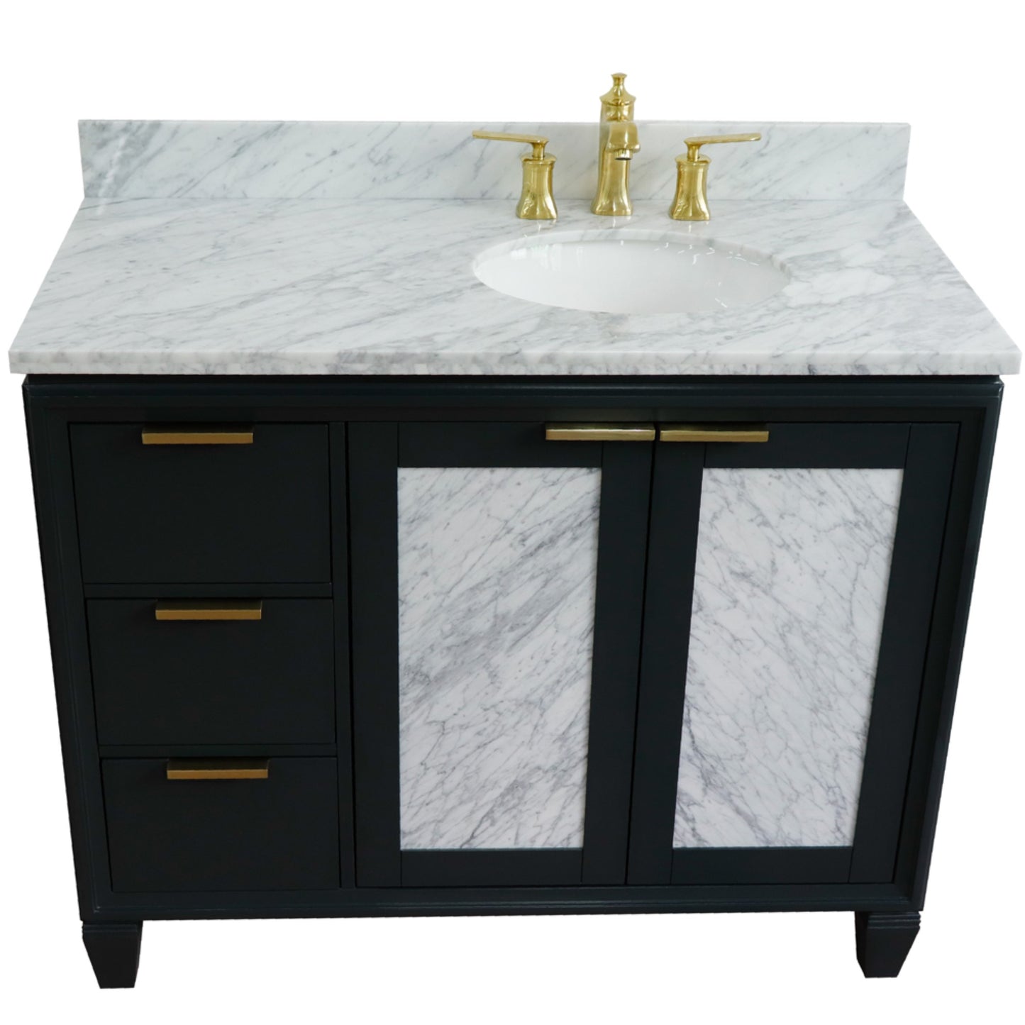 43" Single vanity in Dark Gray finish with White Carrara and oval sink Right door/Right sink