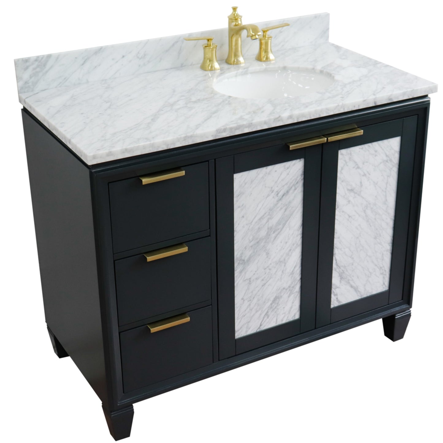 43" Single vanity in Dark Gray finish with White Carrara and oval sink Right door/Right sink