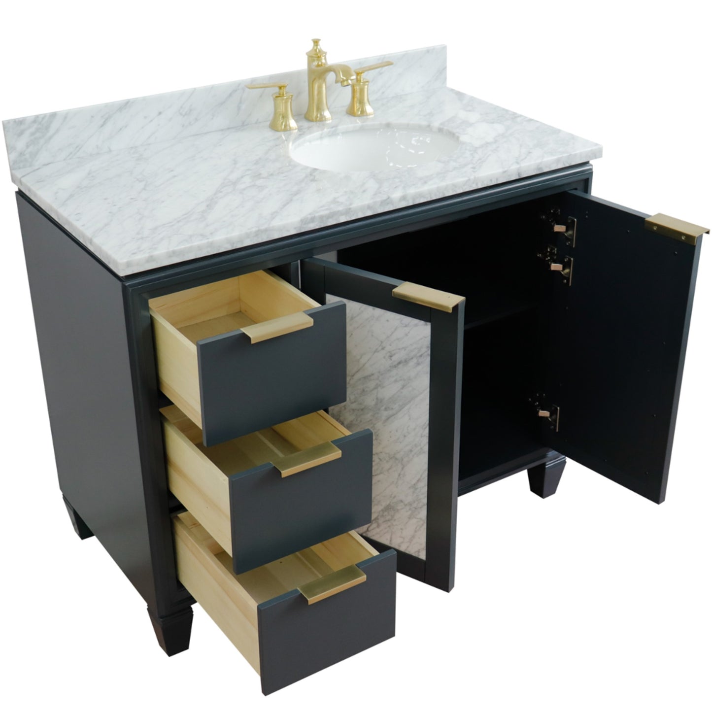 43" Single vanity in Dark Gray finish with White Carrara and oval sink Right door/Right sink