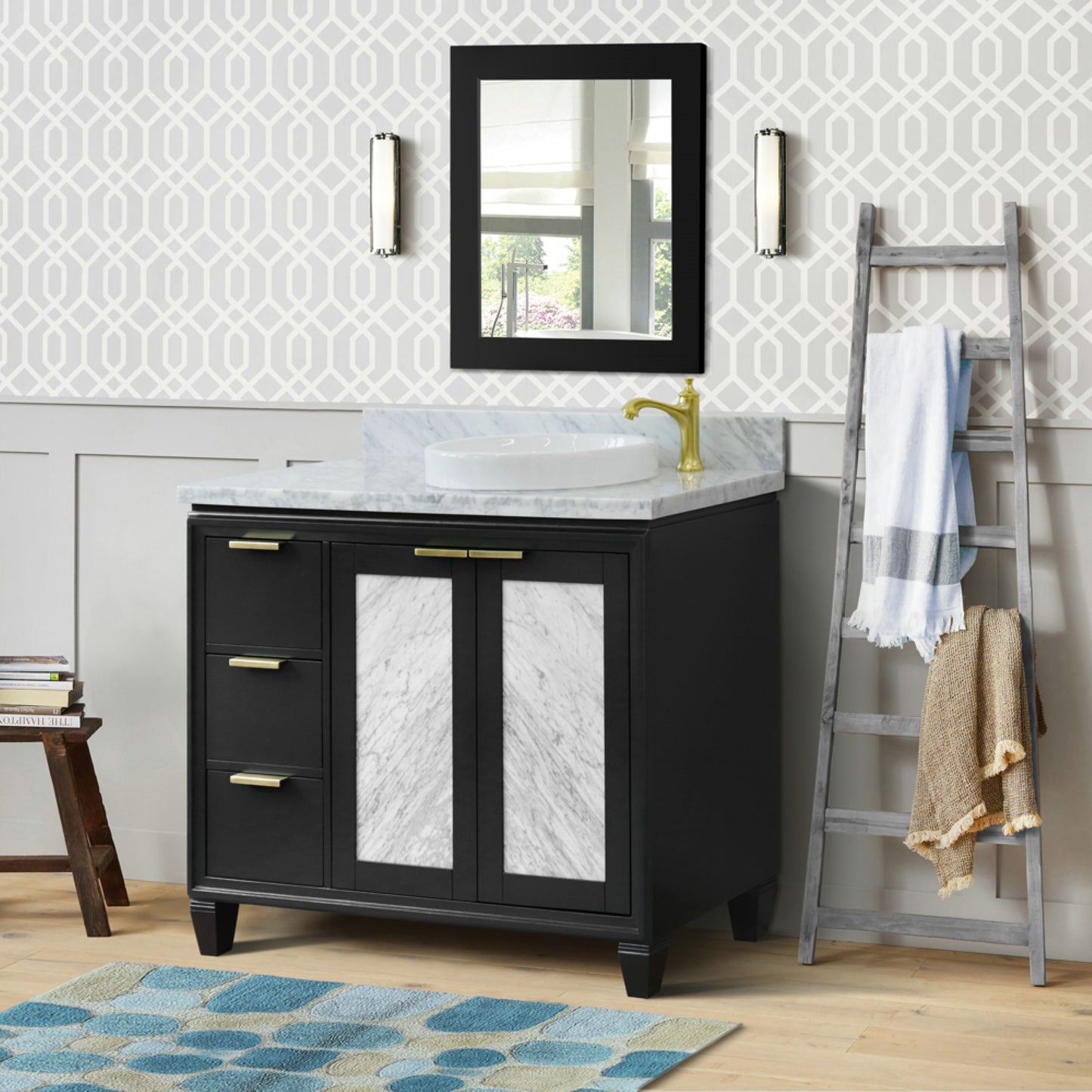 43" Single vanity in Dark Gray finish with White Carrara and round sink Right door/Right sink