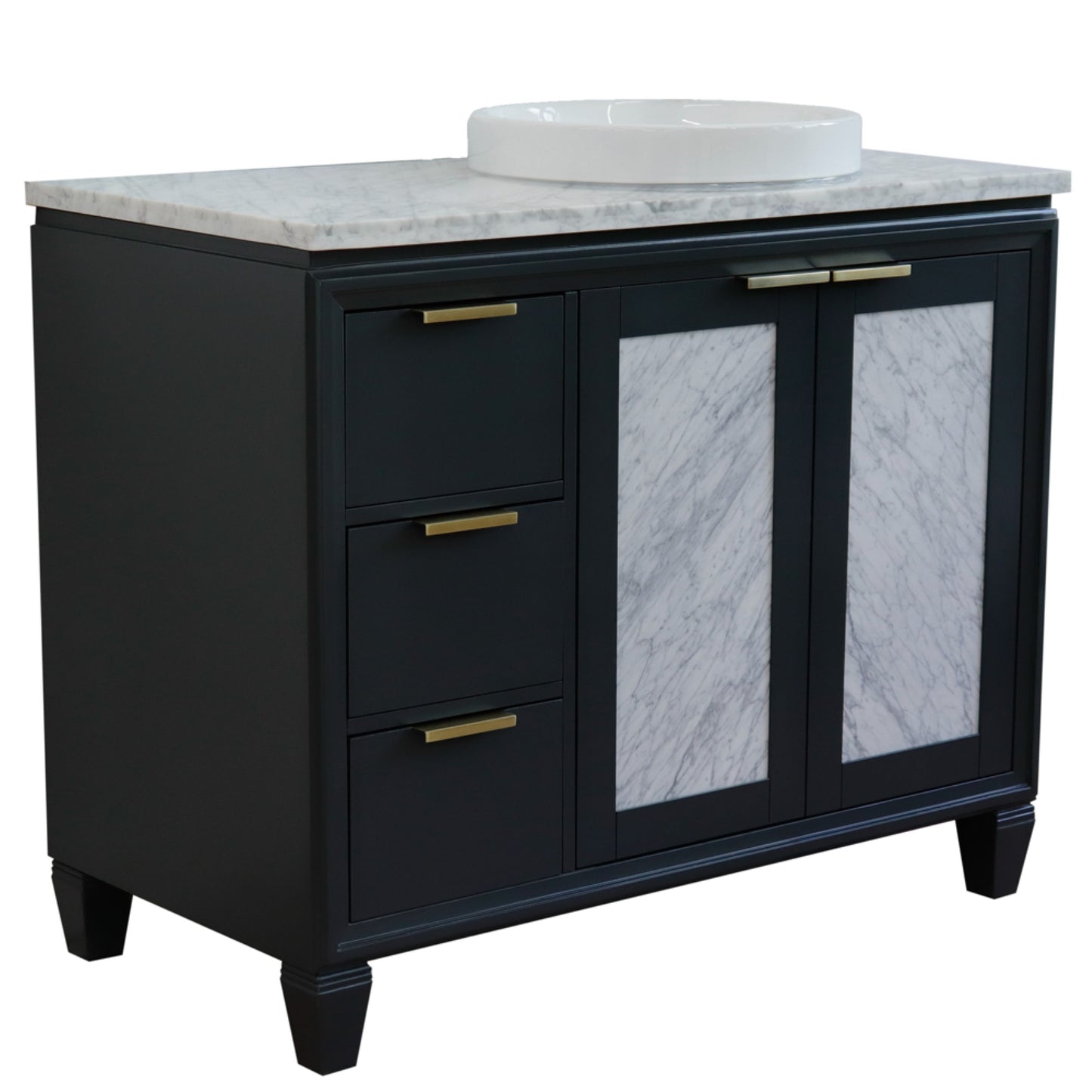 43" Single vanity in Dark Gray finish with White Carrara and round sink Right door/Right sink