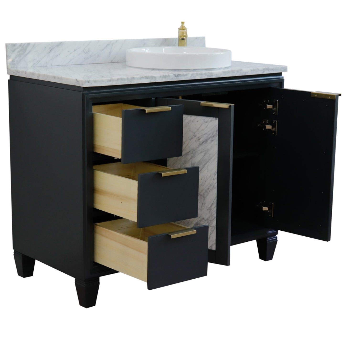 43" Single vanity in Dark Gray finish with White Carrara and round sink Right door/Right sink