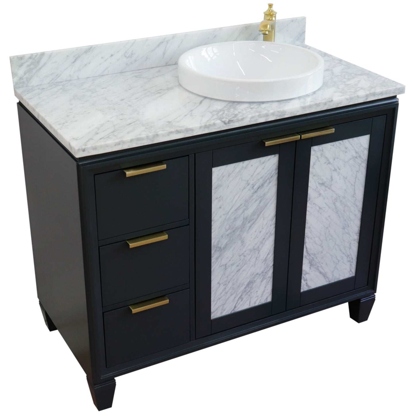 43" Single vanity in Dark Gray finish with White Carrara and round sink Right door/Right sink