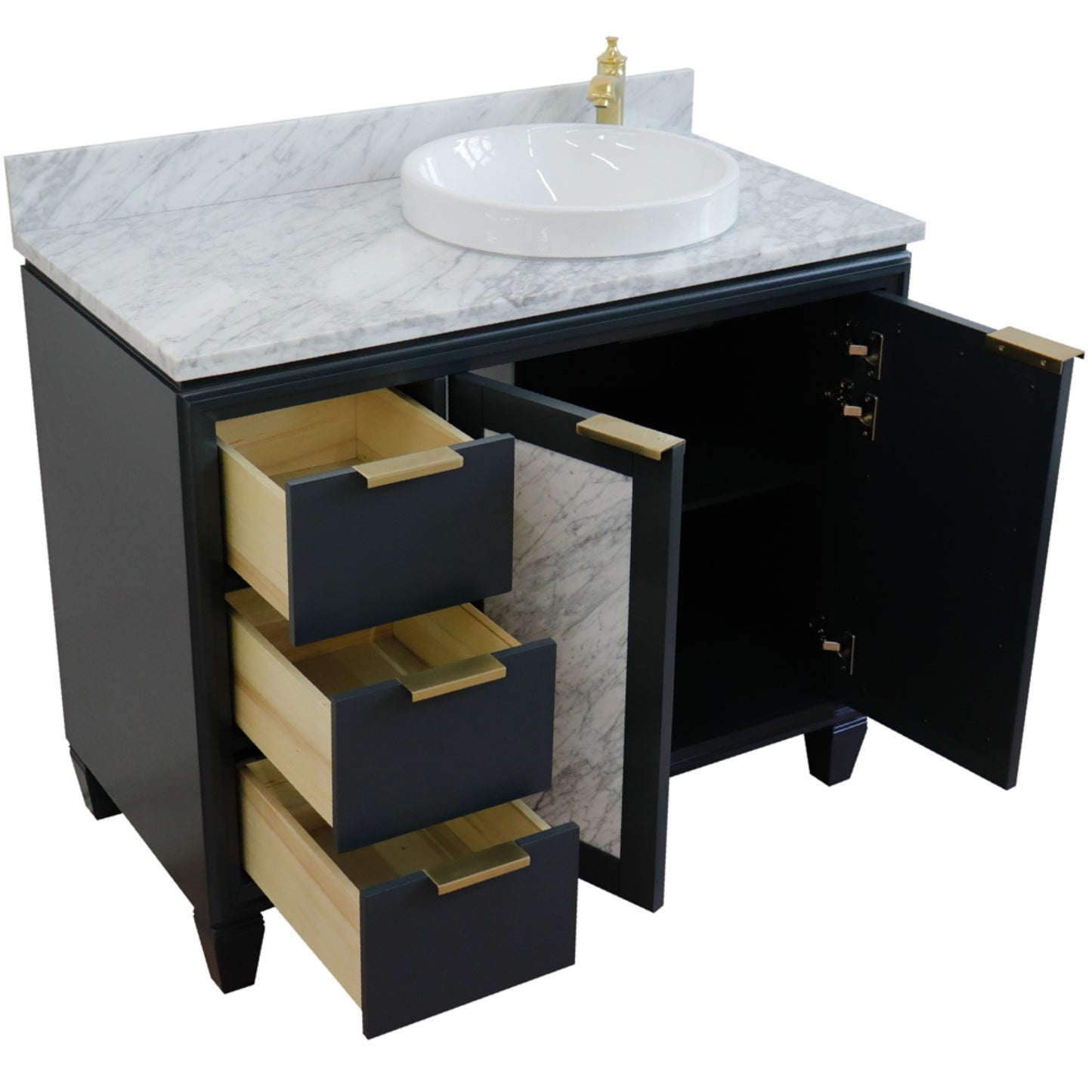 43" Single vanity in Dark Gray finish with White Carrara and round sink Right door/Right sink