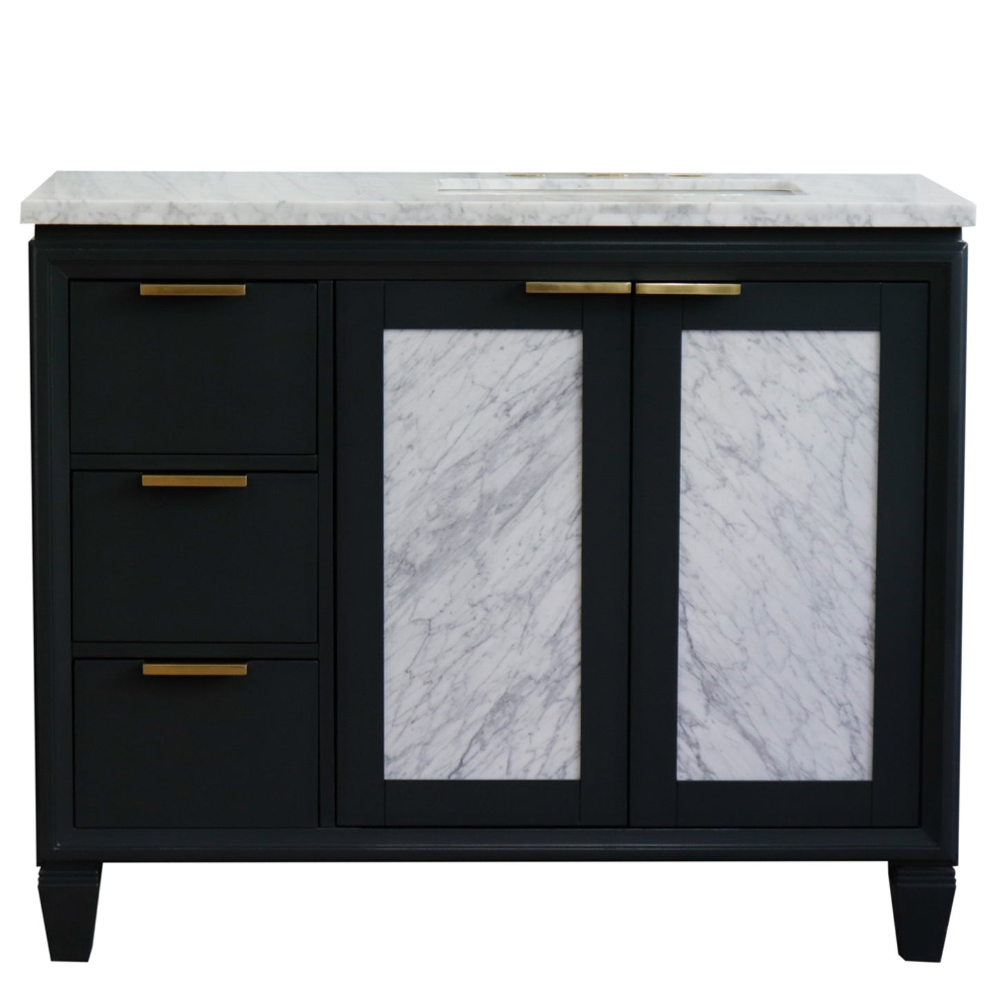 43" Single vanity in Dark Gray finish with White Carrara and rectangle sink Right door/Right sink
