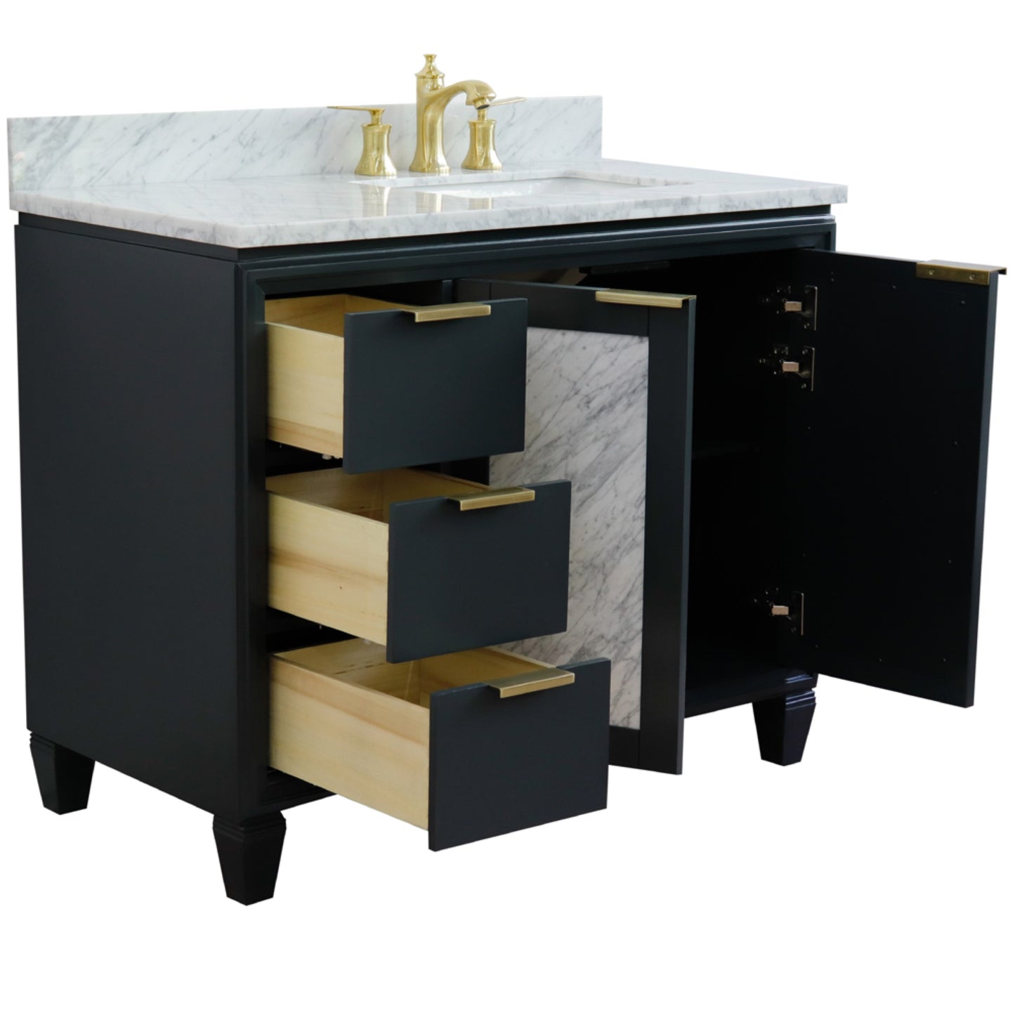 43" Single vanity in Dark Gray finish with White Carrara and rectangle sink Right door/Right sink