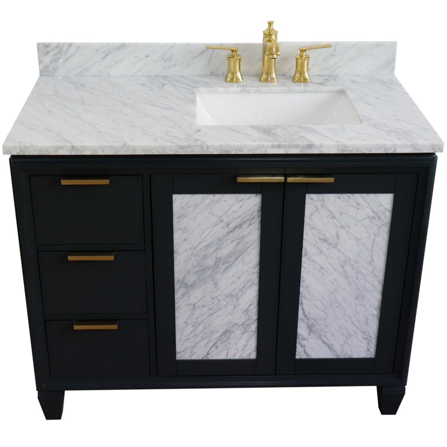 43" Single vanity in Dark Gray finish with White Carrara and rectangle sink Right door/Right sink